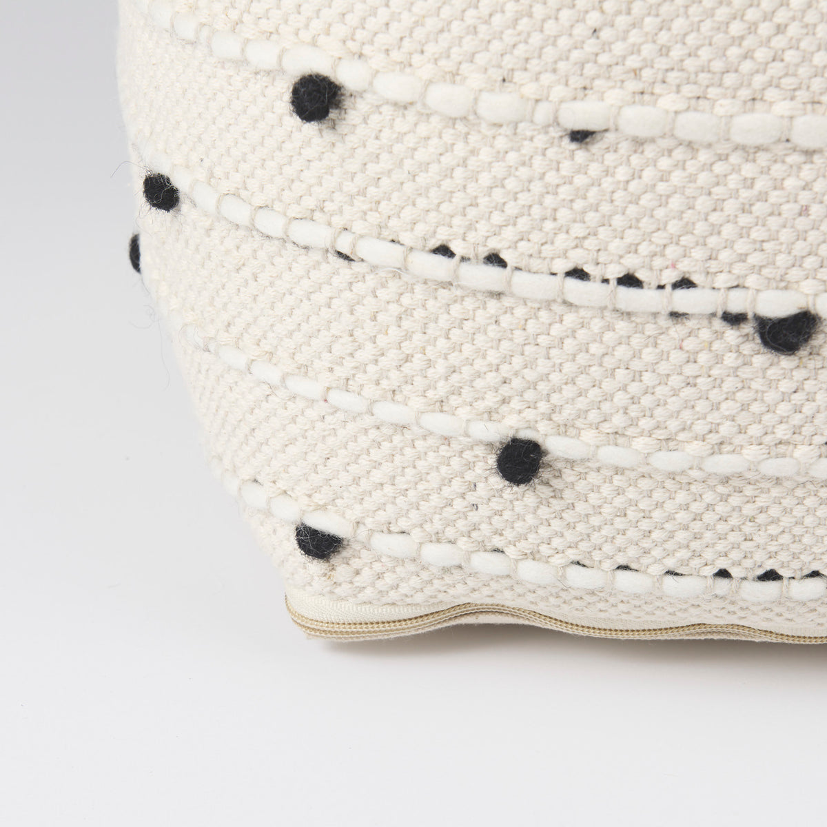 Amaira 16.0L x 16.0W x 16.0H Cream/Black/White patterned Wool and Cotton Pouf-Poufs-DECOROLALA