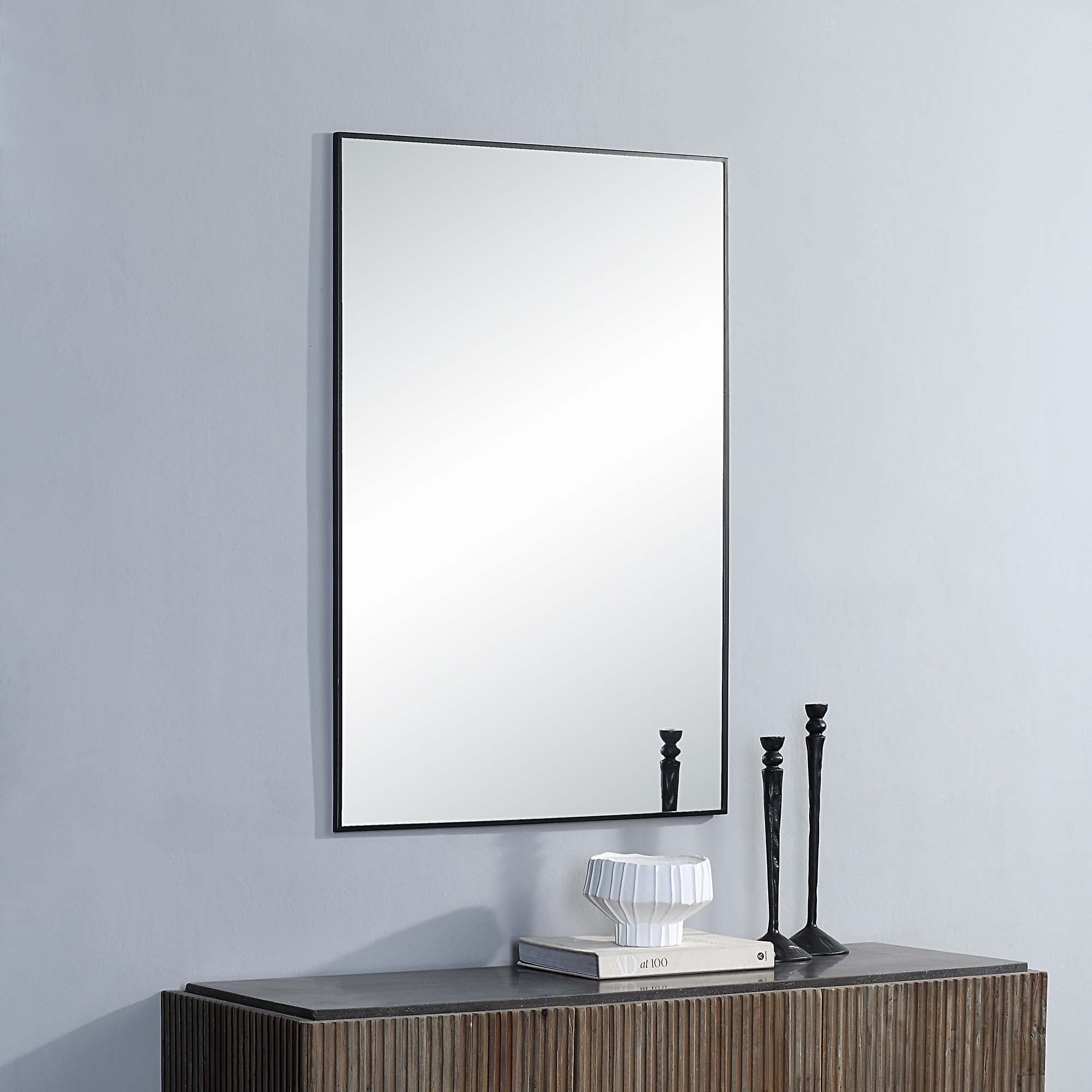 Amara 45" Tall Rectangle Wall Mirror, Black-Mirror-DECOROLALA