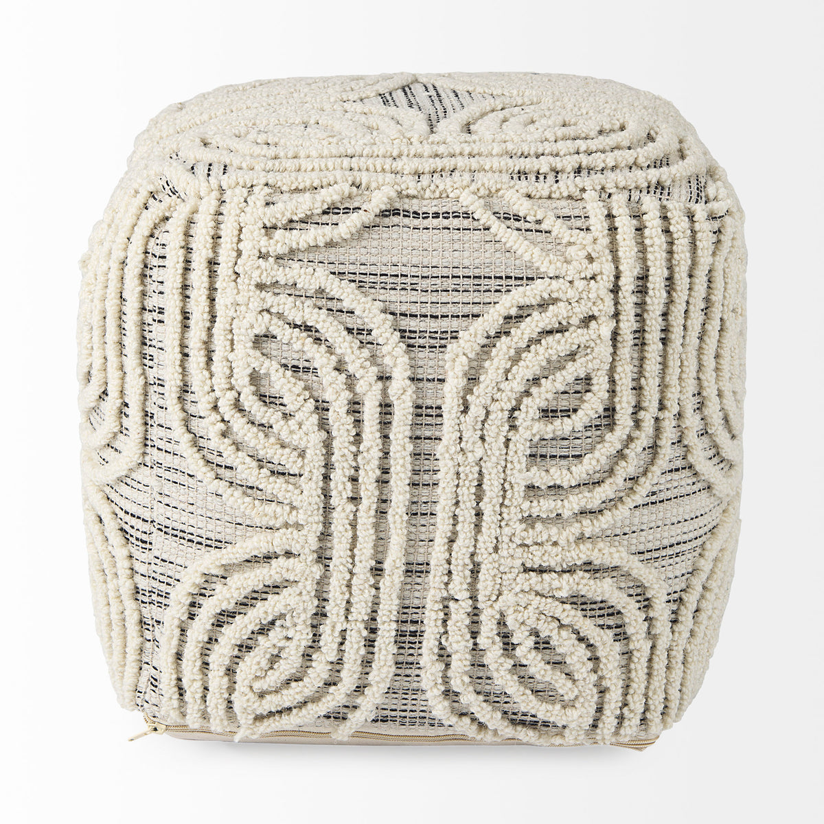 Amaya 16.0L x 16.0W x 16.0H Cream/Black/Gray Wool and Cotton Pouf-Poufs-DECOROLALA