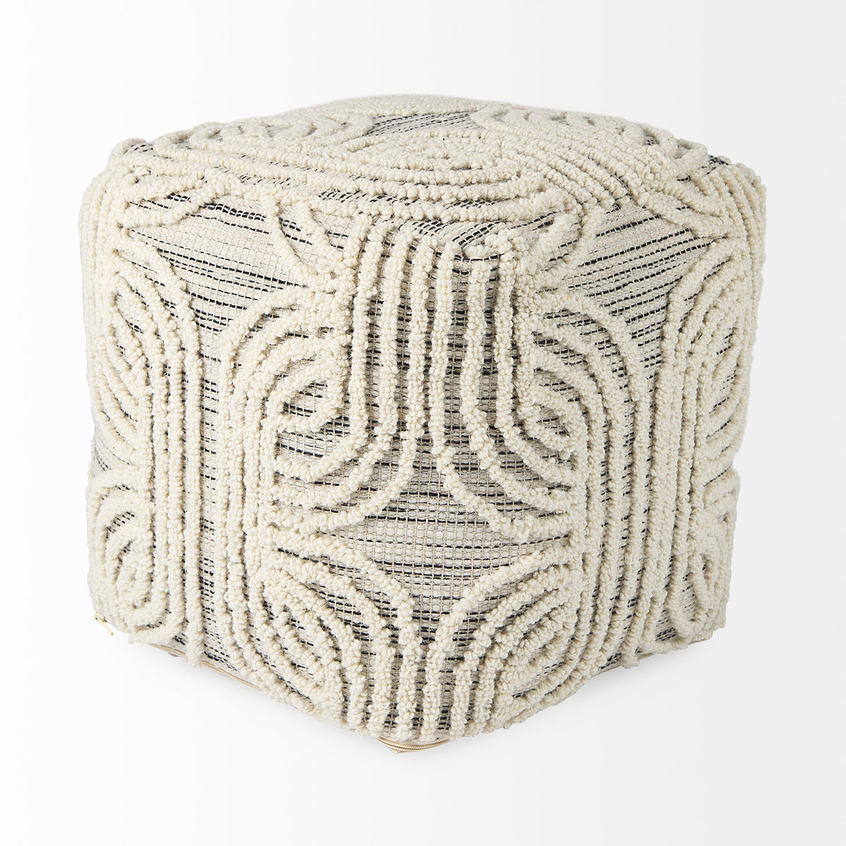 Amaya 16.0L x 16.0W x 16.0H Cream/Black/Gray Wool and Cotton Pouf-Poufs-DECOROLALA