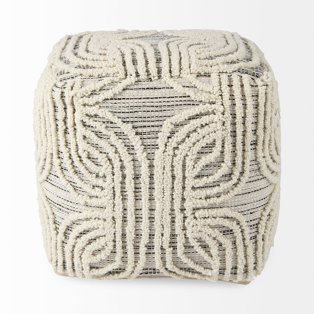 Amaya 16.0L x 16.0W x 16.0H Cream/Black/Gray Wool and Cotton Pouf-Poufs-DECOROLALA