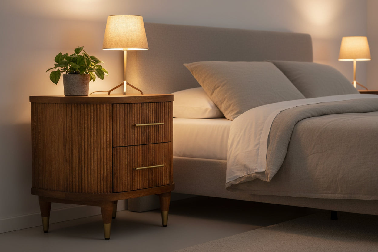 Amber Oak Ribbed Bedside Table - Solid Mango Wood with Brass-Nightstand-DECOROLALA