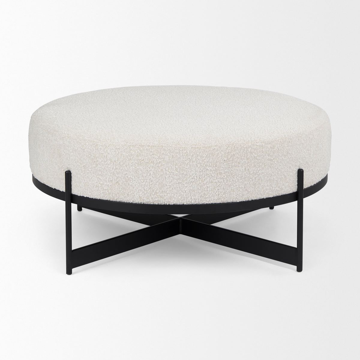 Amelia 35.8L x 35.8W x 17.5H Cream Boucle W/Black Metal Upholstered Ottoman-Stools & Ottomans-DECOROLALA