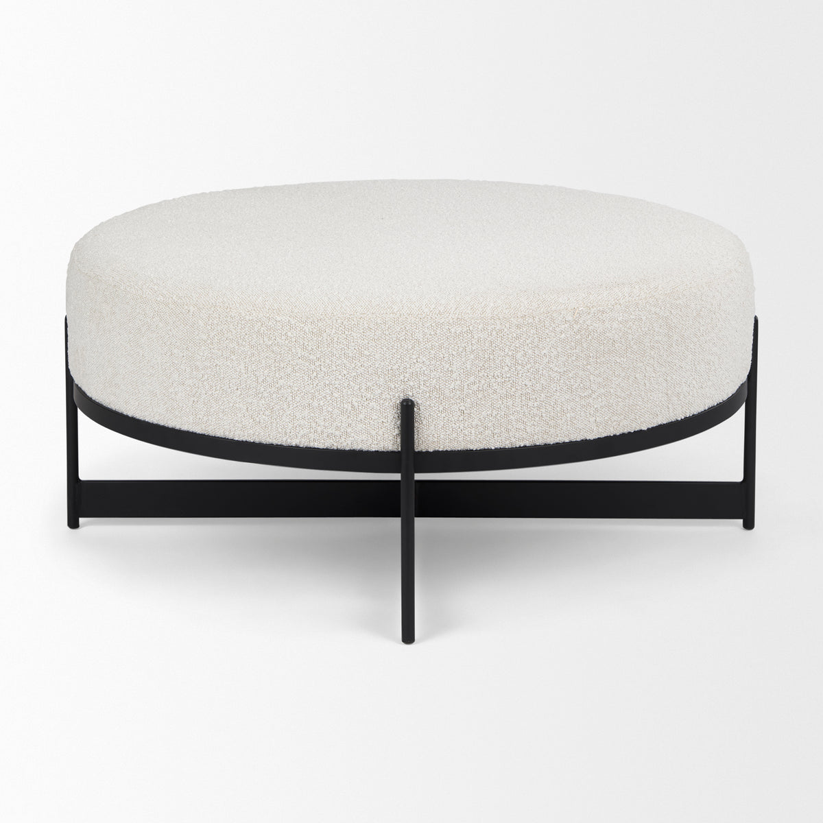Amelia 35.8L x 35.8W x 17.5H Cream Boucle W/Black Metal Upholstered Ottoman-Stools & Ottomans-DECOROLALA