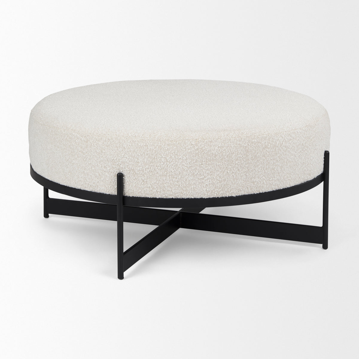 Amelia 35.8L x 35.8W x 17.5H Cream Boucle W/Black Metal Upholstered Ottoman-Stools & Ottomans-DECOROLALA