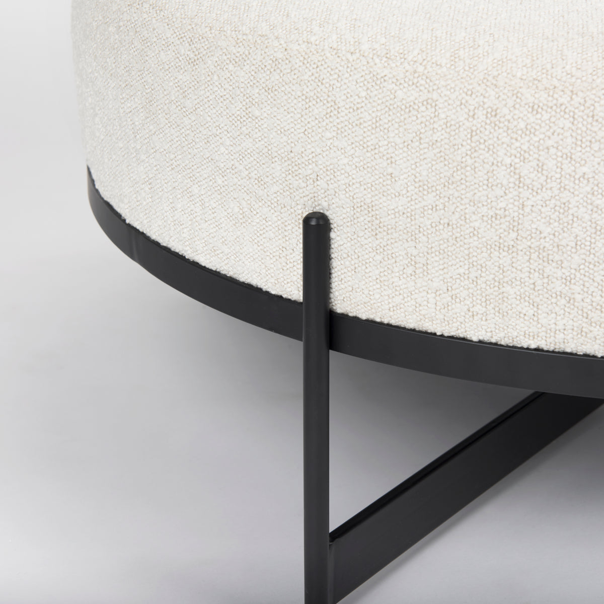 Amelia 35.8L x 35.8W x 17.5H Cream Boucle W/Black Metal Upholstered Ottoman-Stools & Ottomans-DECOROLALA