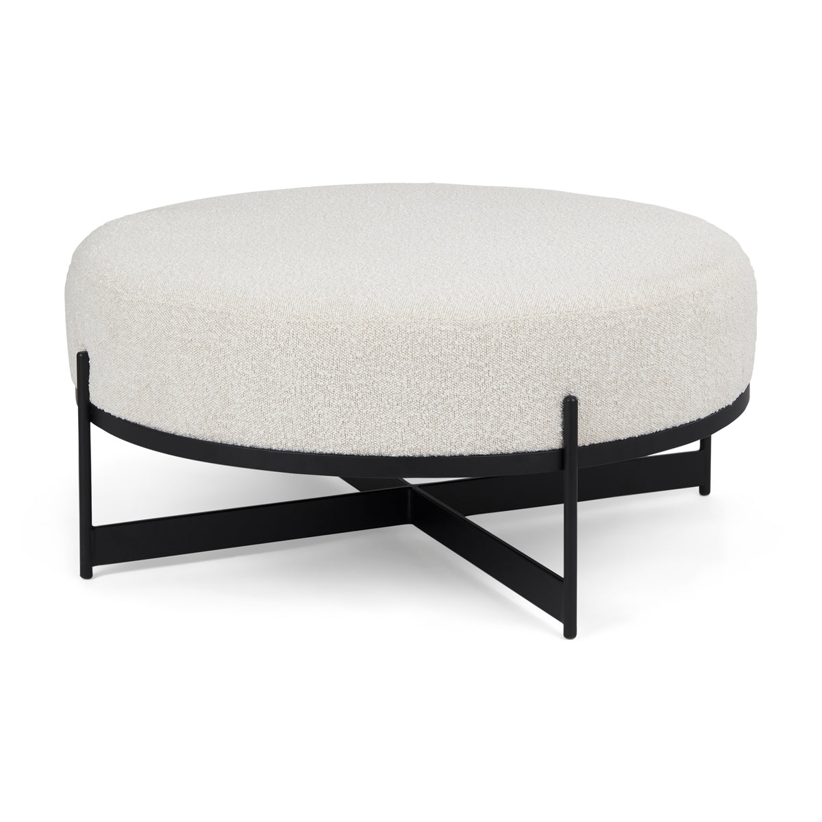 Amelia 35.8L x 35.8W x 17.5H Cream Boucle W/Black Metal Upholstered Ottoman-Stools & Ottomans-DECOROLALA