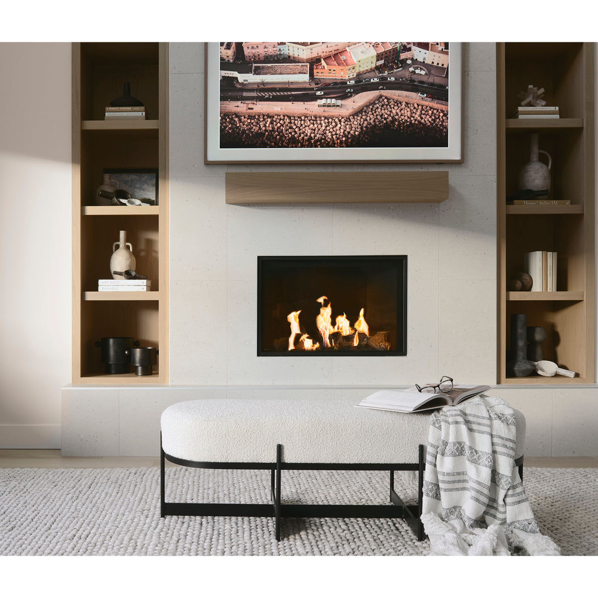 Amelia 55.0L x 18.0W x 18.0H Cream Boucle W/Black Metal Upholstered Bench-Benches-DECOROLALA