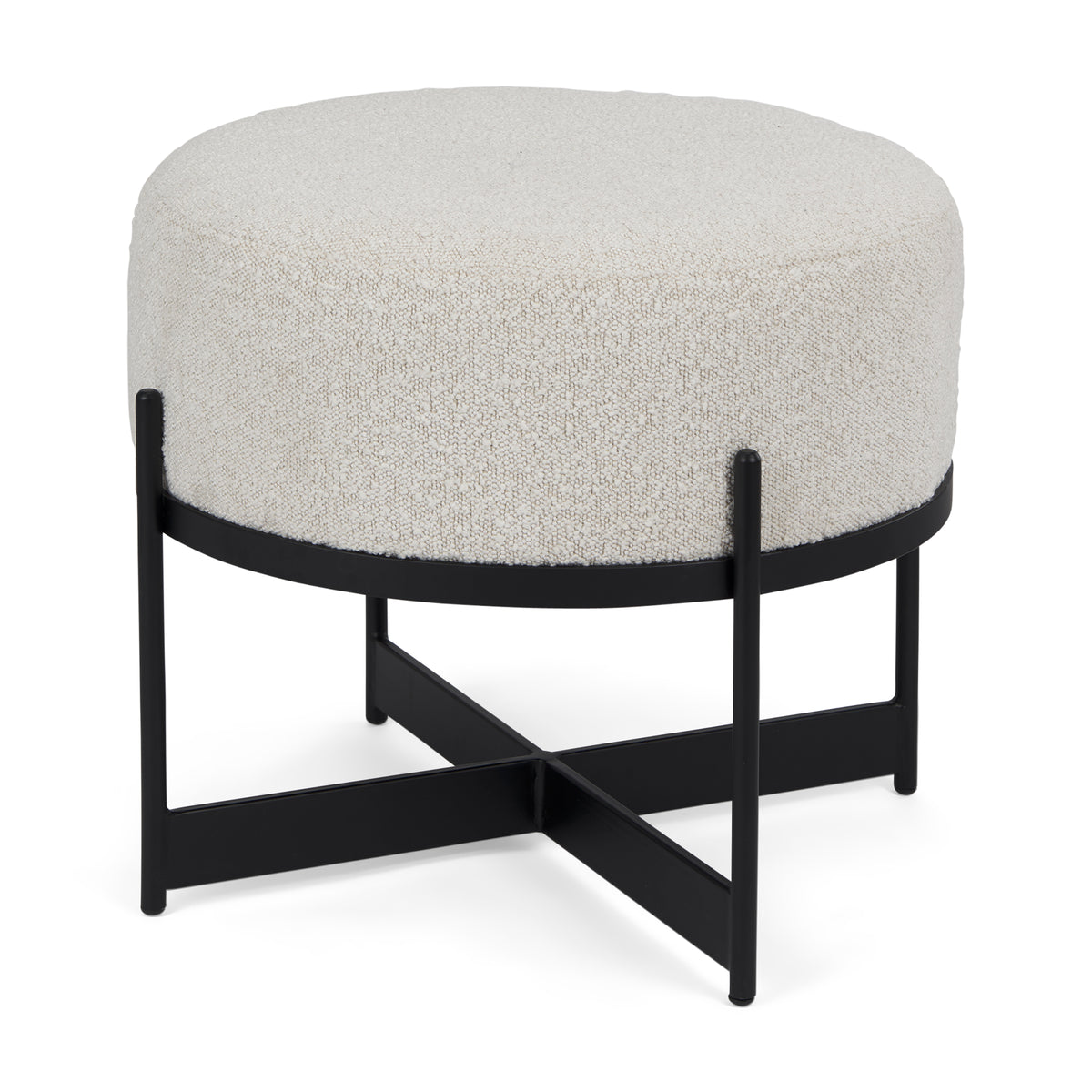 Amelia Cream Boucle W/Black Metal Upholstered Pouf-Stools & Ottomans-DECOROLALA
