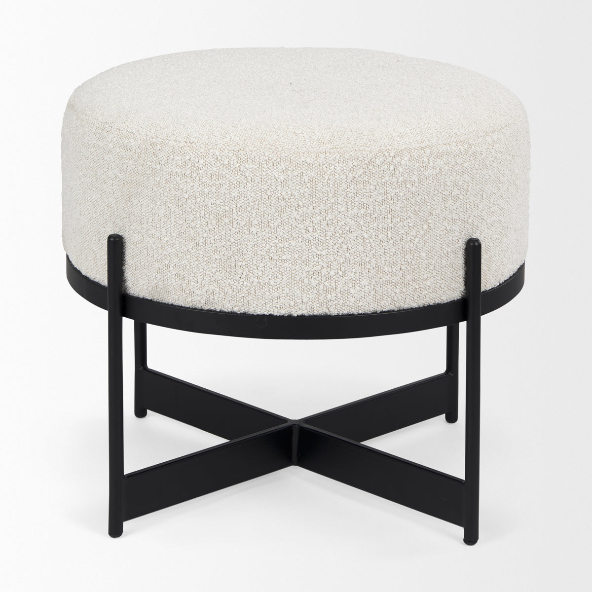 Amelia Cream Boucle W/Black Metal Upholstered Pouf-Stools & Ottomans-DECOROLALA