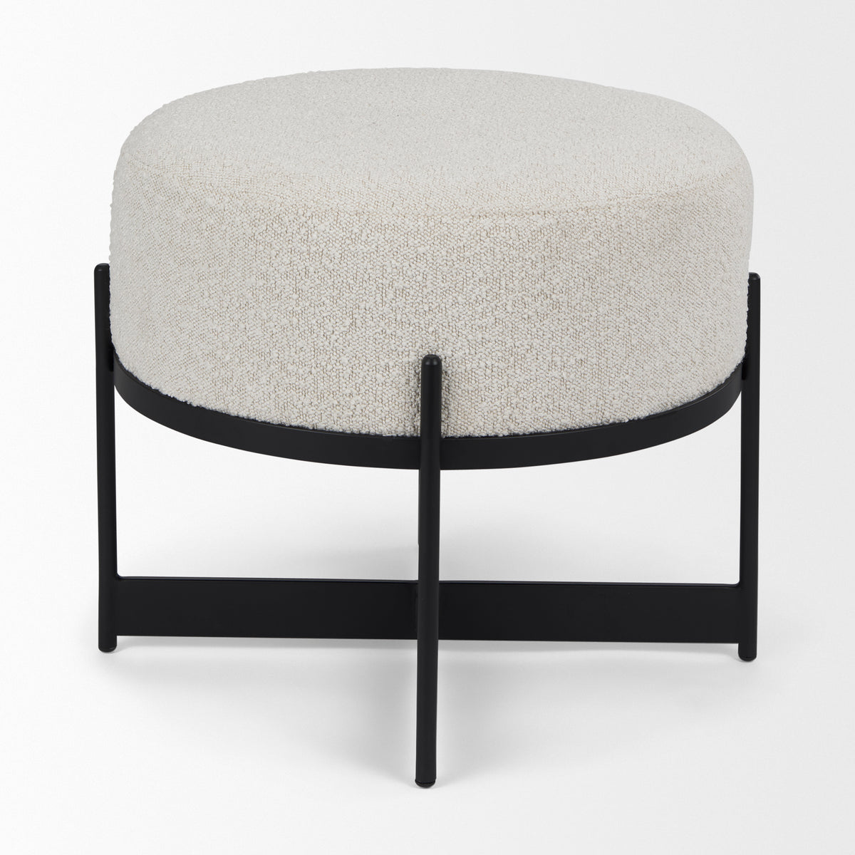 Amelia Cream Boucle W/Black Metal Upholstered Pouf-Stools & Ottomans-DECOROLALA