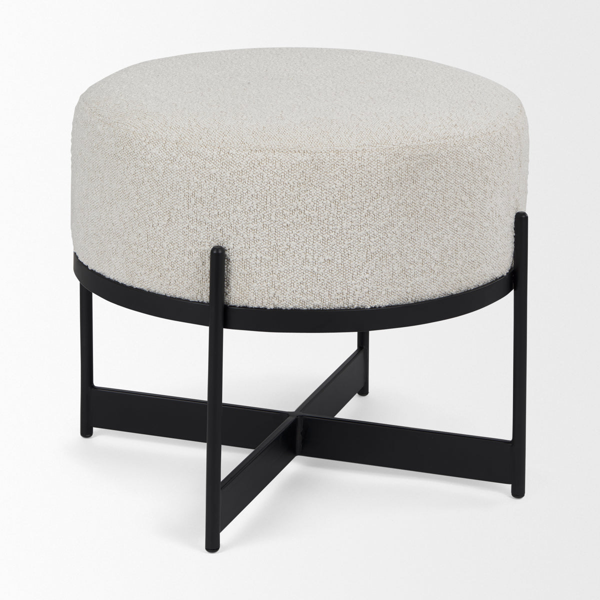 Amelia Cream Boucle W/Black Metal Upholstered Pouf-Stools & Ottomans-DECOROLALA