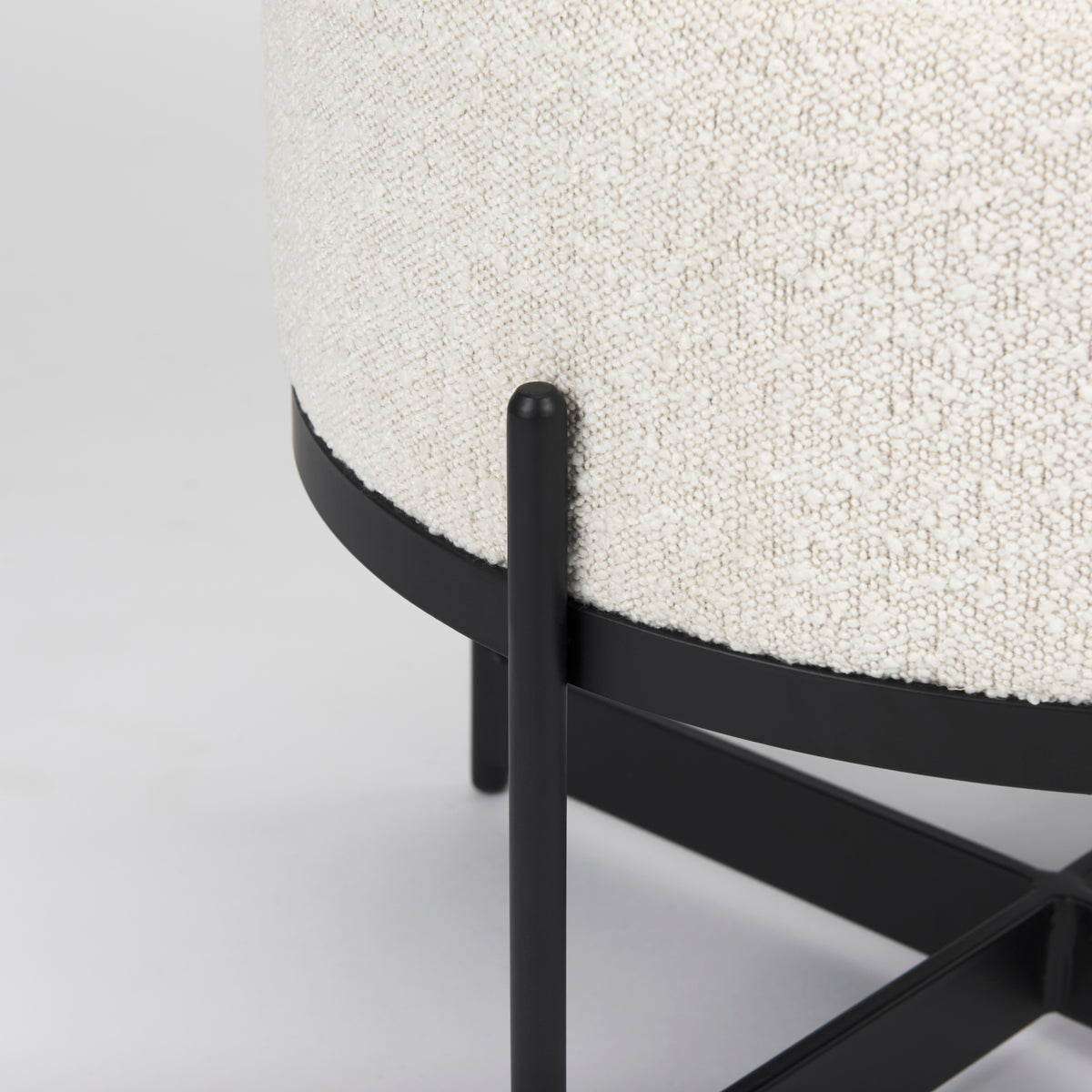 Amelia Cream Boucle W/Black Metal Upholstered Pouf-Stools & Ottomans-DECOROLALA