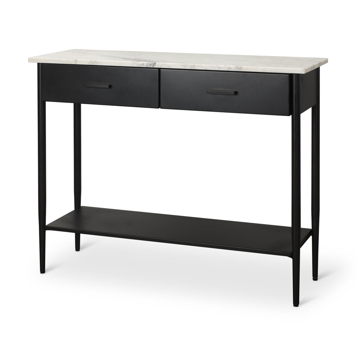 Amika White Marble Top Black Metal Base Console Table-Console Tables-DECOROLALA