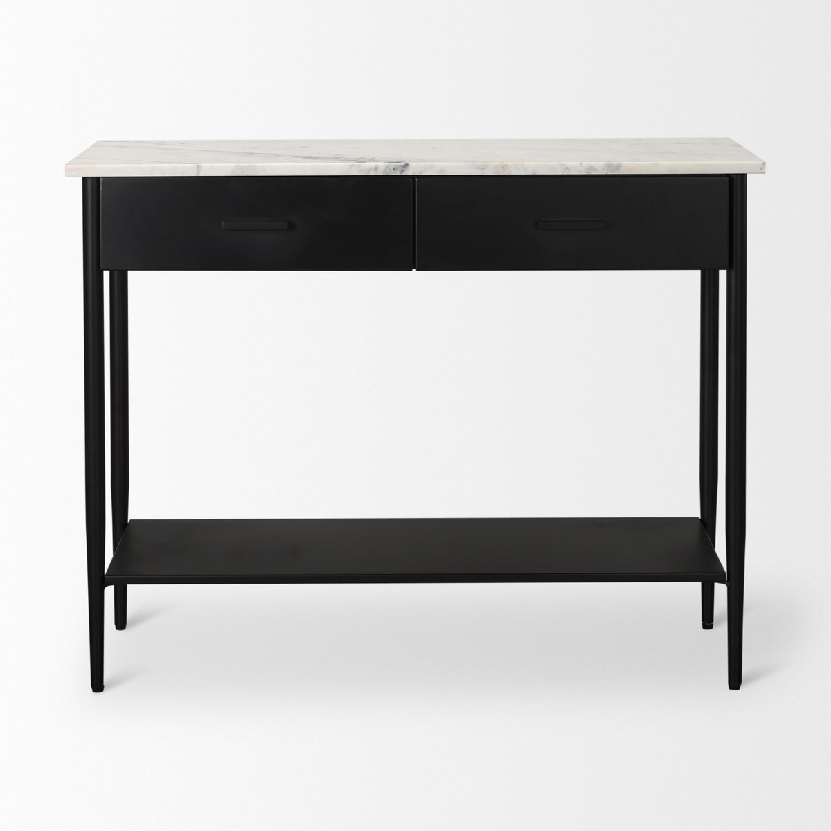 Amika White Marble Top Black Metal Base Console Table-Console Tables-DECOROLALA