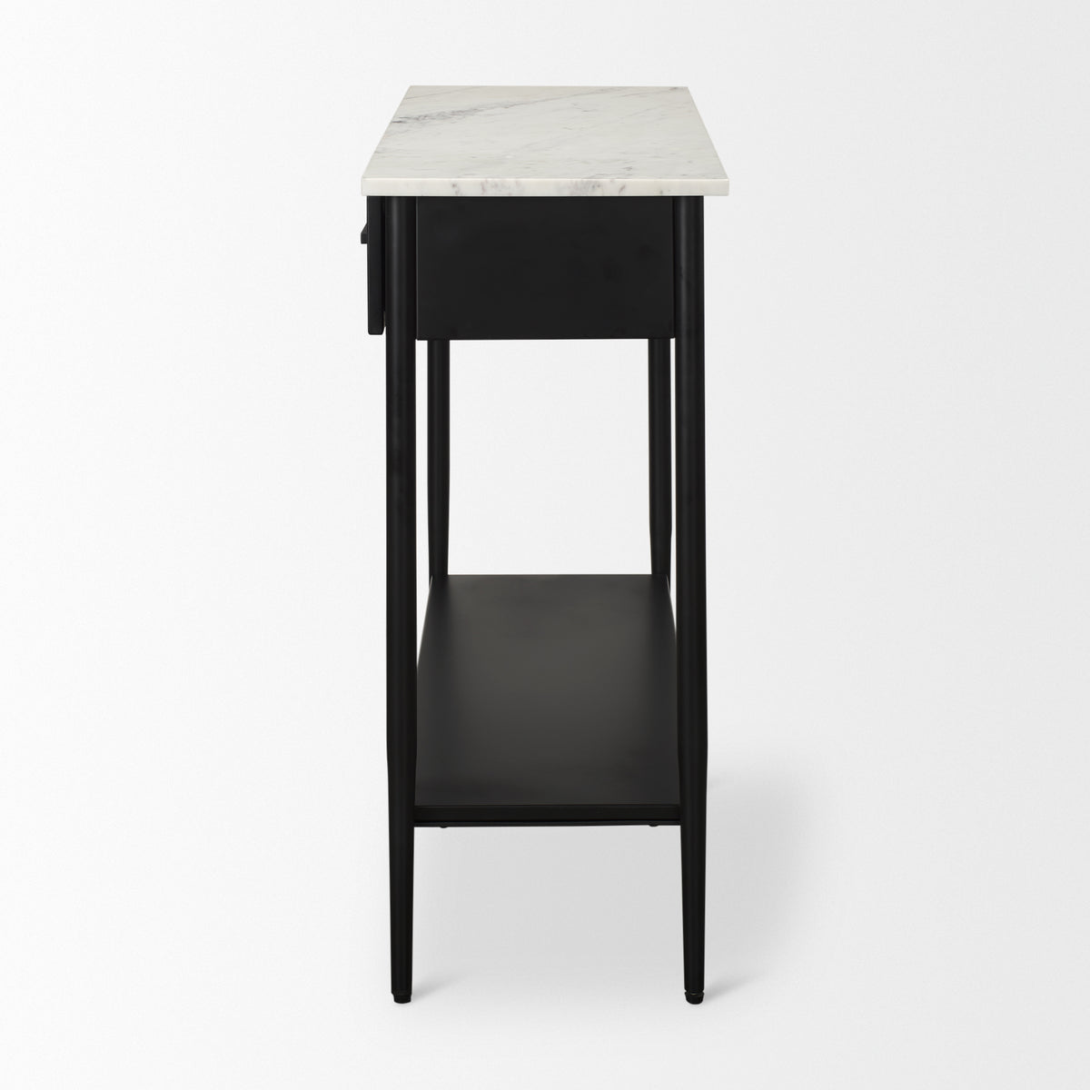 Amika White Marble Top Black Metal Base Console Table-Console Tables-DECOROLALA
