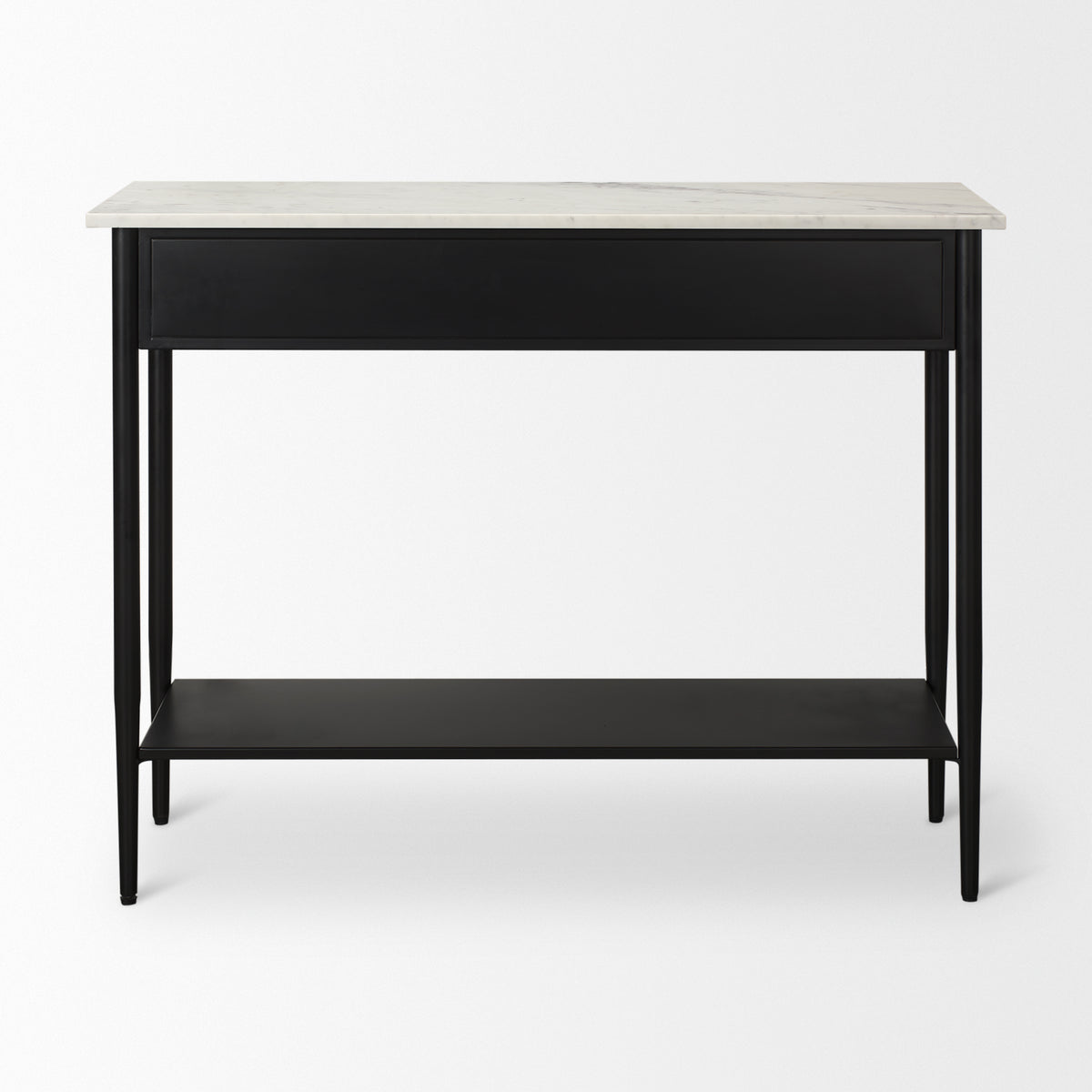 Amika White Marble Top Black Metal Base Console Table-Console Tables-DECOROLALA