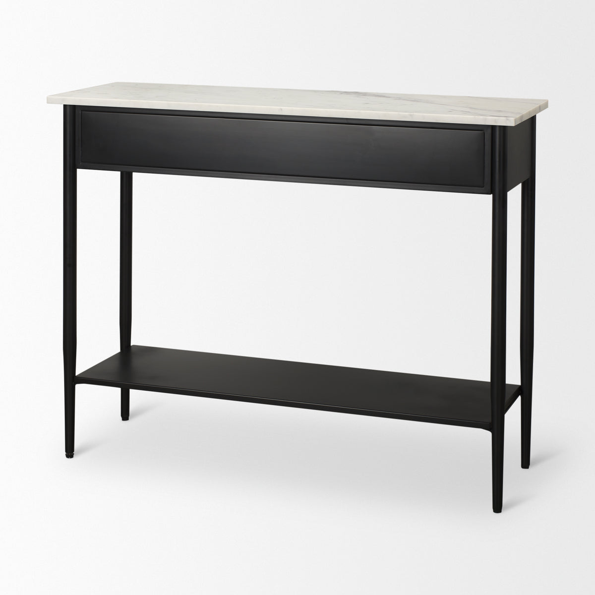 Amika White Marble Top Black Metal Base Console Table-Console Tables-DECOROLALA