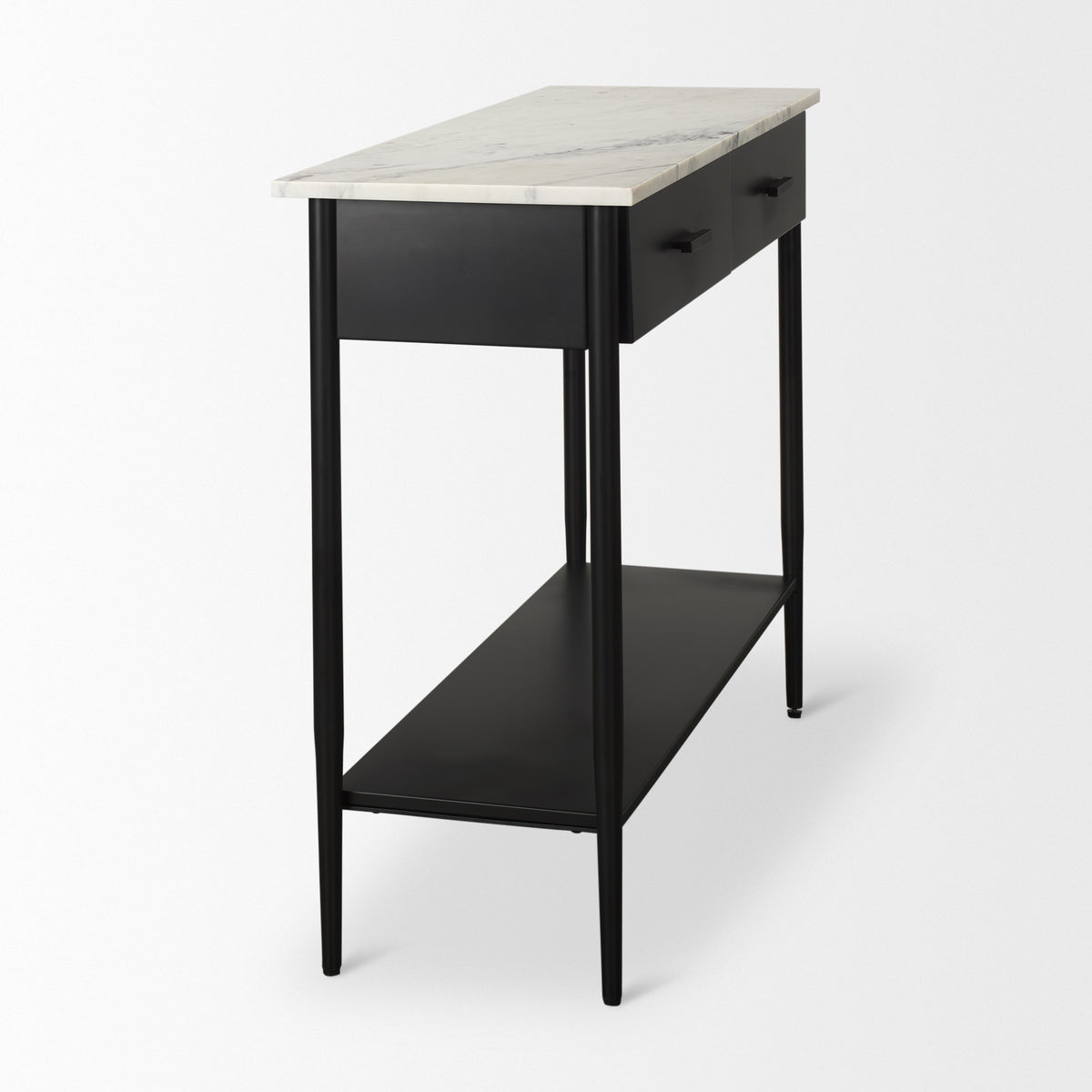 Amika White Marble Top Black Metal Base Console Table-Console Tables-DECOROLALA