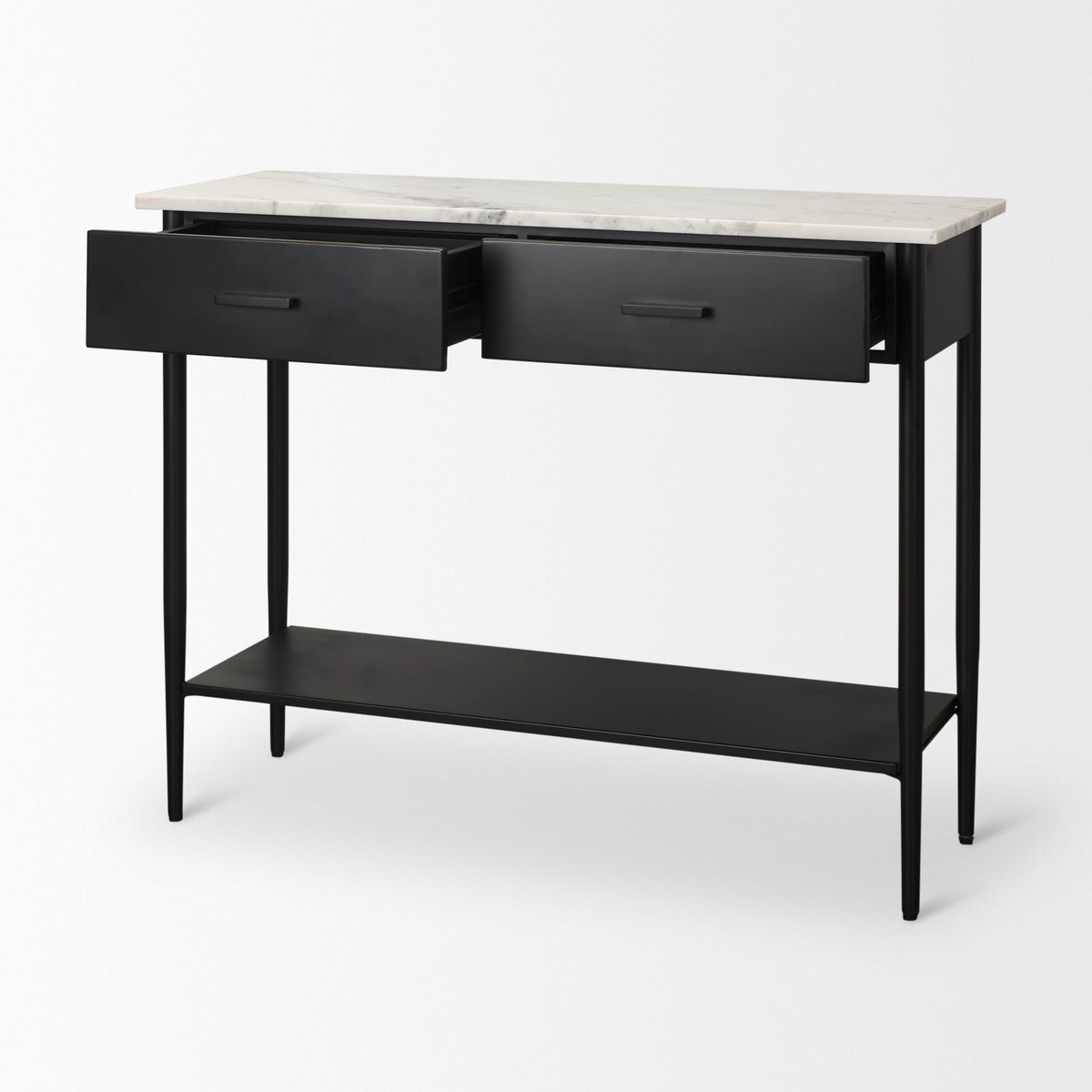 Amika White Marble Top Black Metal Base Console Table-Console Tables-DECOROLALA