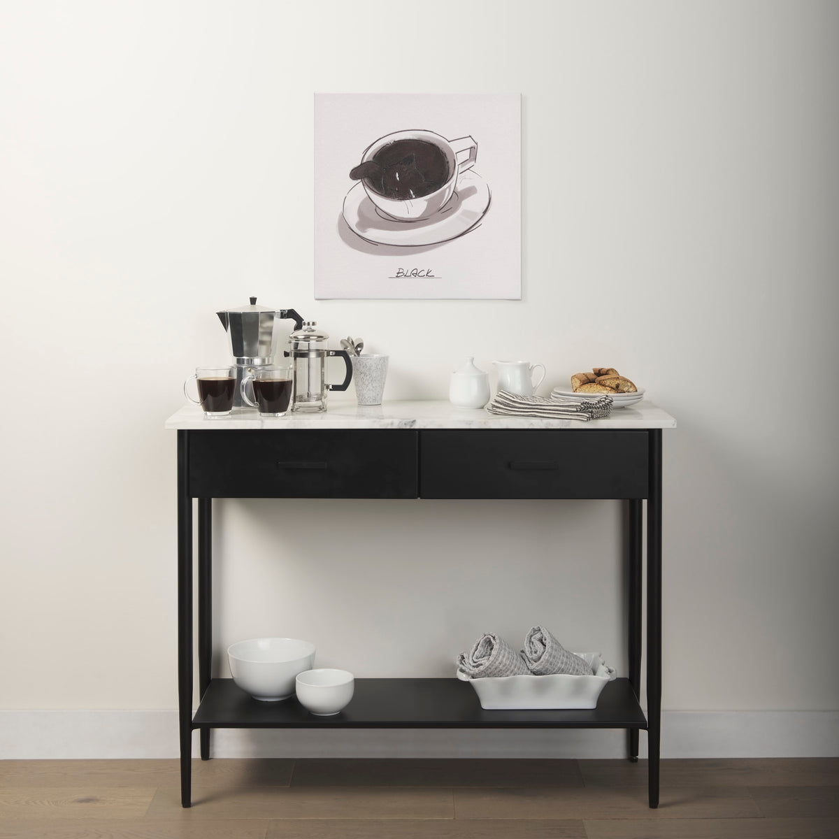 Amika White Marble Top Black Metal Base Console Table-Console Tables-DECOROLALA