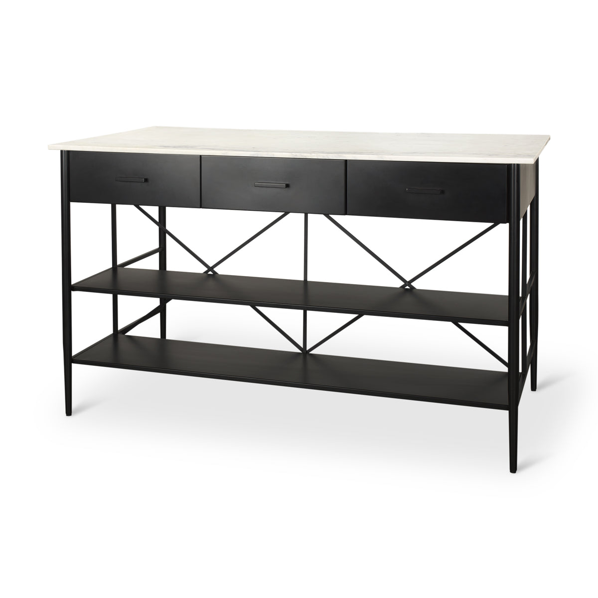 Amika White Marble Top Black Metal Base Kitchen Island-Kitchen Islands-DECOROLALA