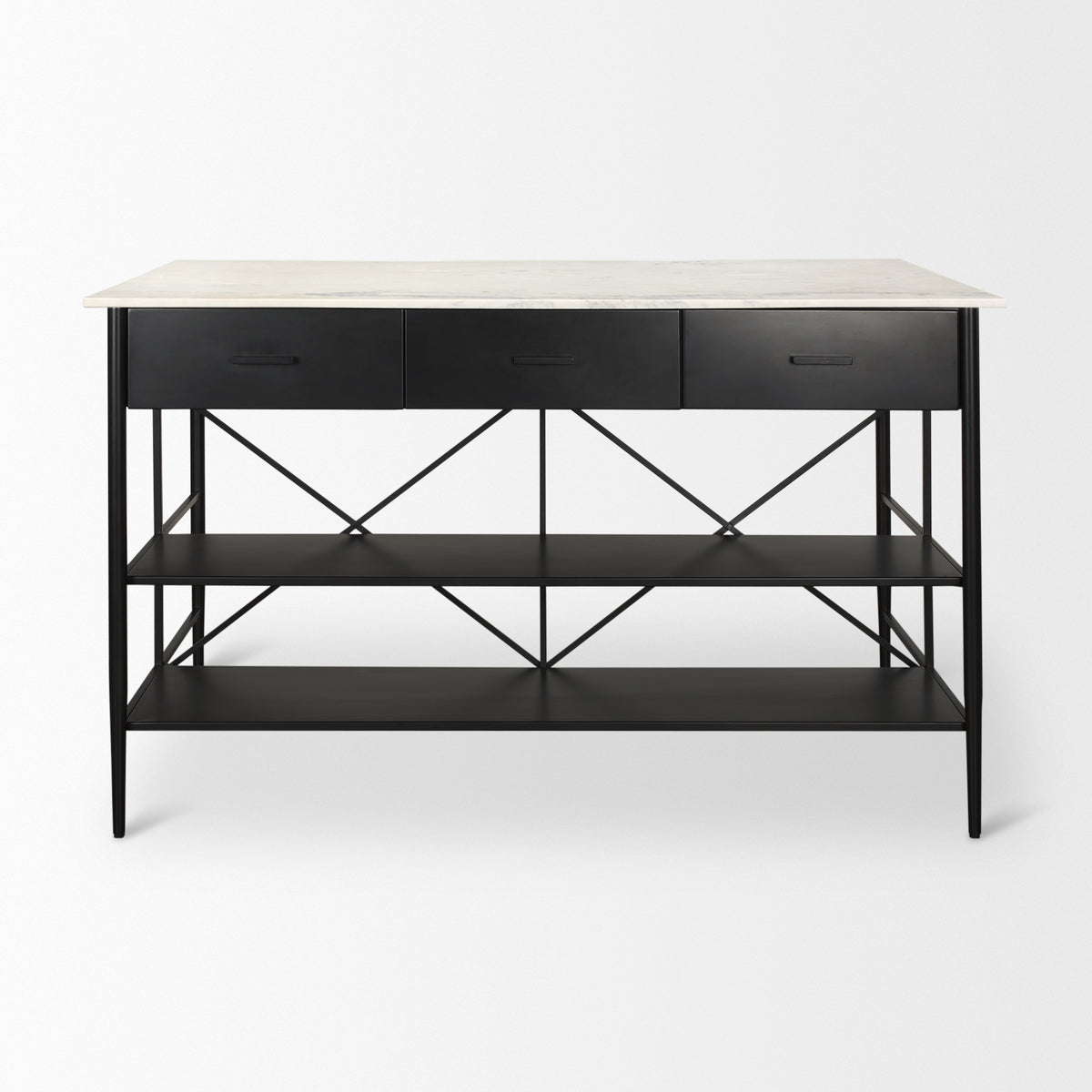 Amika White Marble Top Black Metal Base Kitchen Island-Kitchen Islands-DECOROLALA