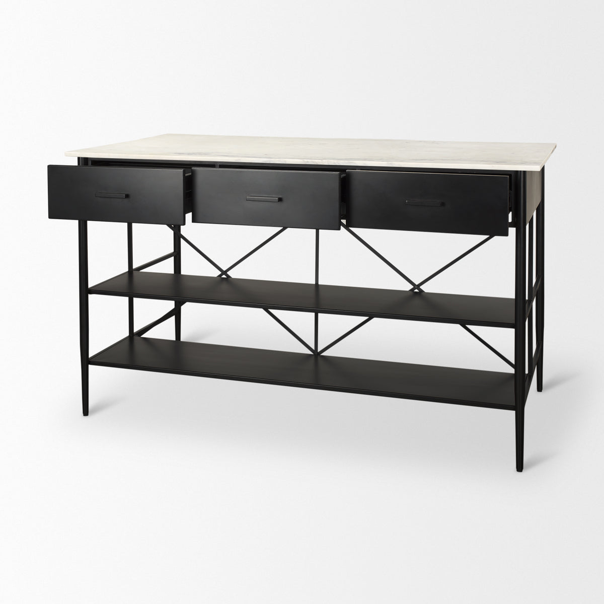Amika White Marble Top Black Metal Base Kitchen Island-Kitchen Islands-DECOROLALA