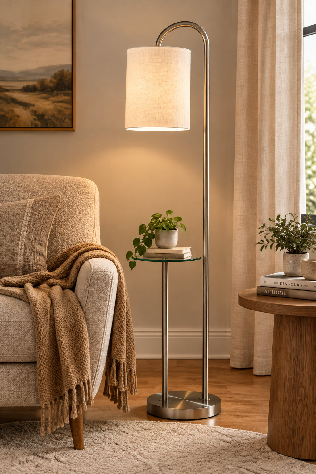 Amira Floor Lamp with Shelves - 64" Brushed Steel-Lighting-DECOROLALA