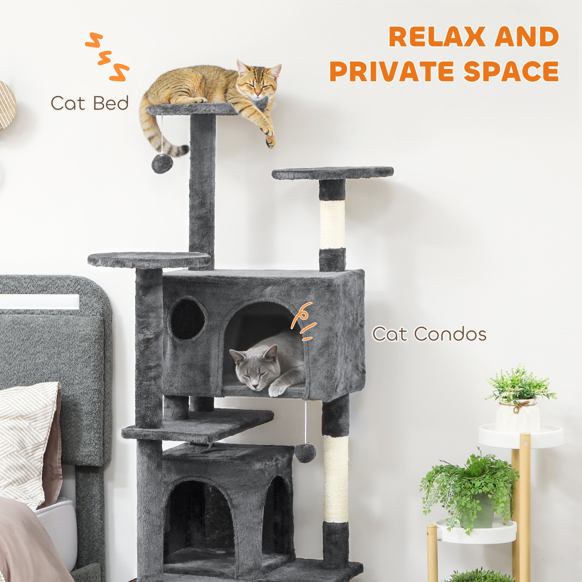 63" Cat Tree, Multi-Level Cat Tower with Scratching Posts, Cat Condos, Bed, Platforms, Ramp, Toy Ball, Dark Grey