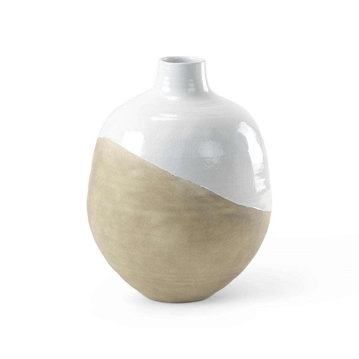 Amos 18.5L x 18.5W x 24.4H White and Dark Beige Color Blocked Ceramic Floor Vase-Vase-DECOROLALA