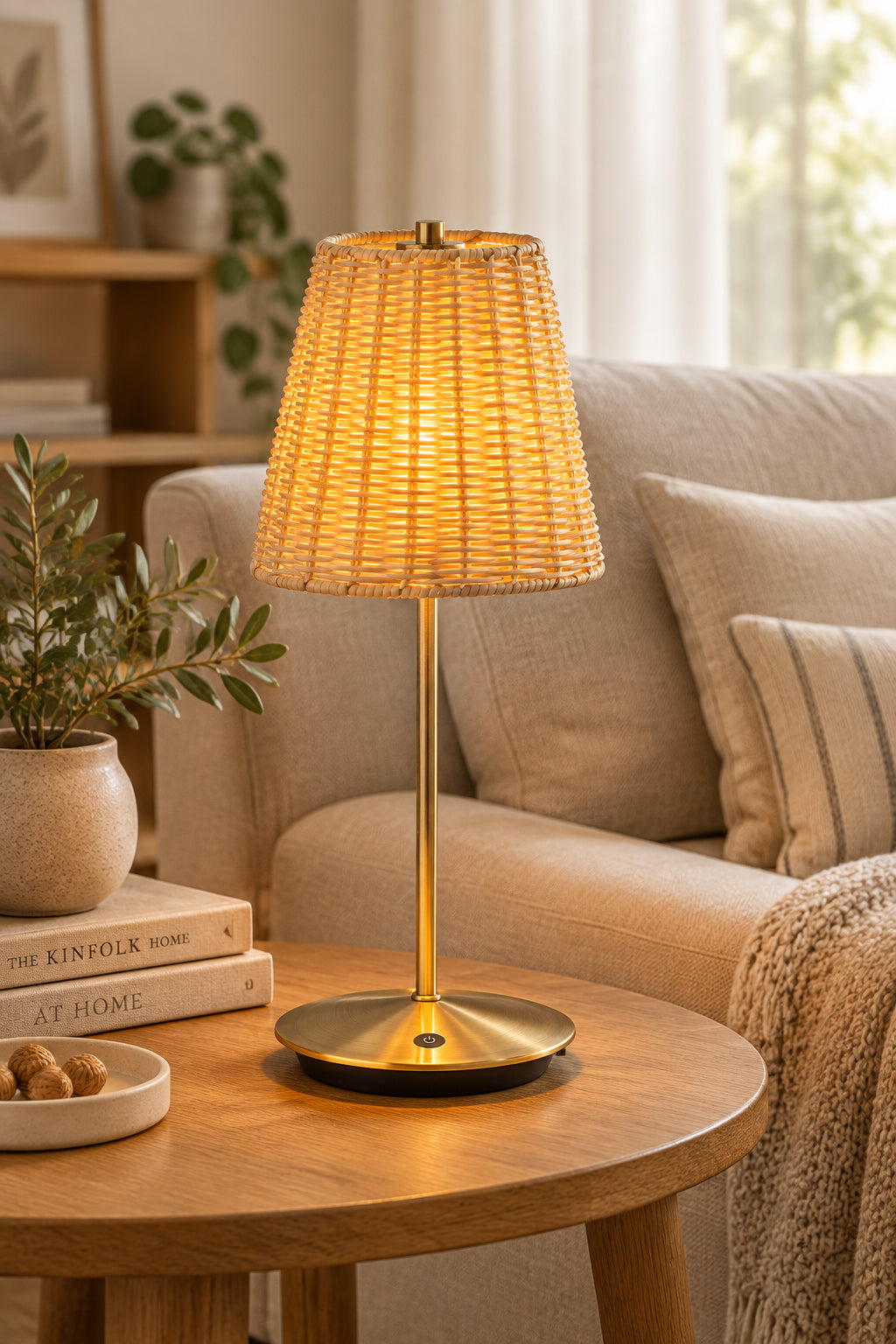 Andy LED Cordless Table Lamp - Brass 15" Rattan-Lighting-DECOROLALA