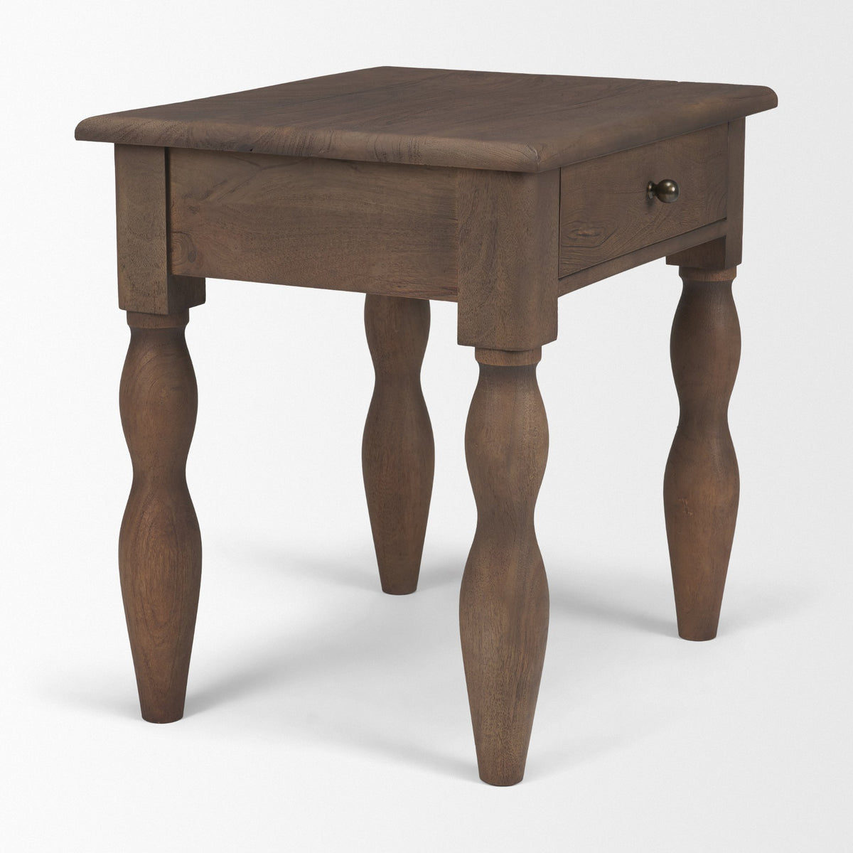 Angeline Spool Turned End Table | Dark Brown Wood | 1 Drawer-End and Side Tables-DECOROLALA
