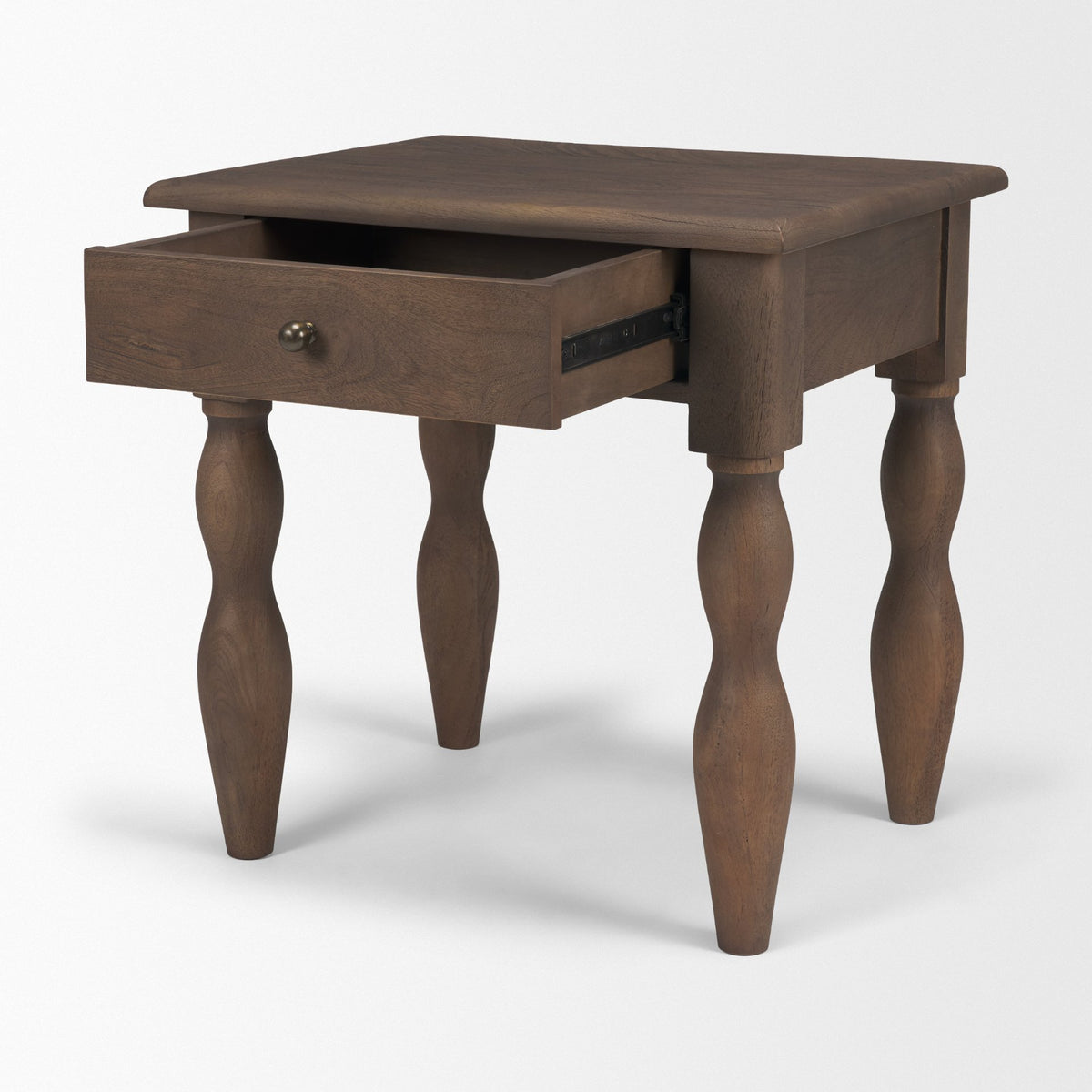 Angeline Spool Turned End Table | Dark Brown Wood | 1 Drawer-End and Side Tables-DECOROLALA