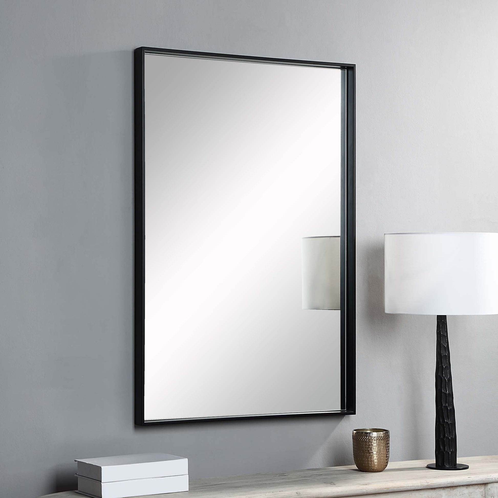 Annalise 45" Tall Rectangle Wall Mirror, Black-Mirror-DECOROLALA