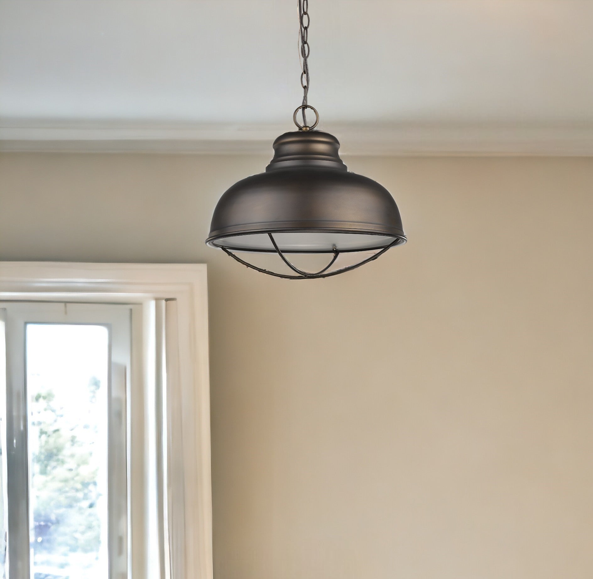 Ansen 1-Light Oil-Rubbed Bronze Pendant With Gloss White Interior Shade-Pendants-Hanging Lights-DECOROLALA