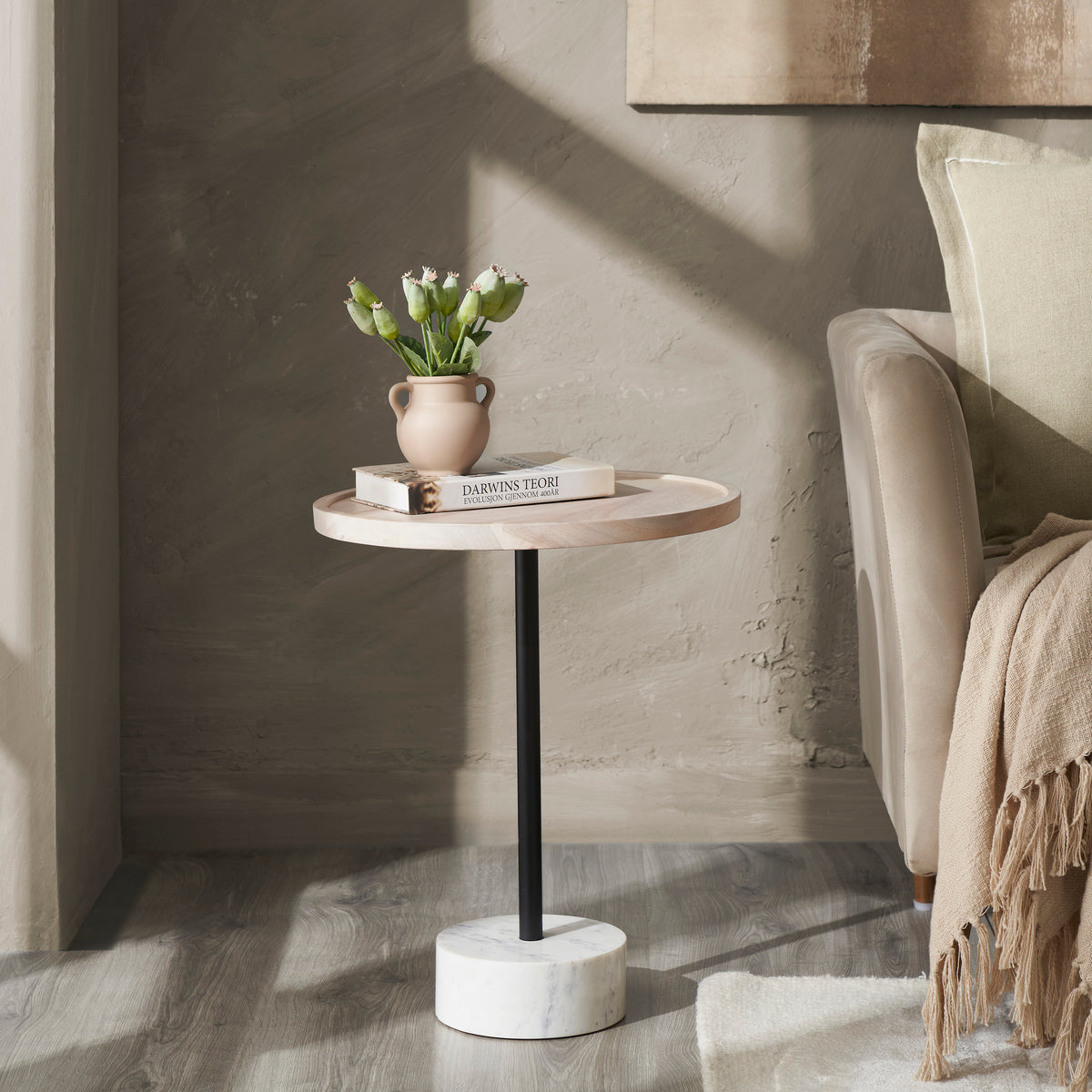 Antares Indoor Acacia Wood Side Table, Whitewash-End Tables-DECOROLALA