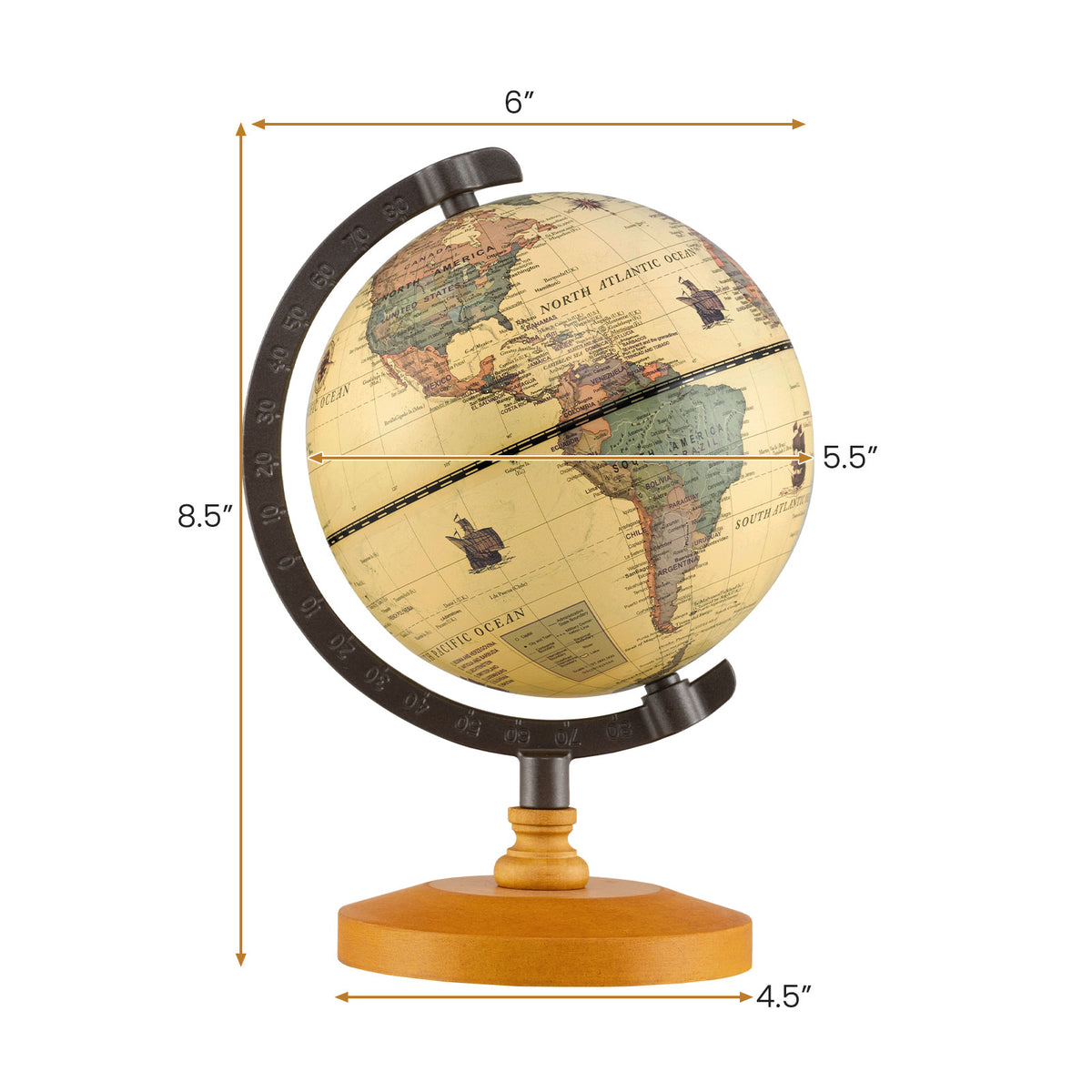 Globe antique, diamètre de 5,5 pouces, mini-globe terrestre rotatif avec base en bois - Bronze