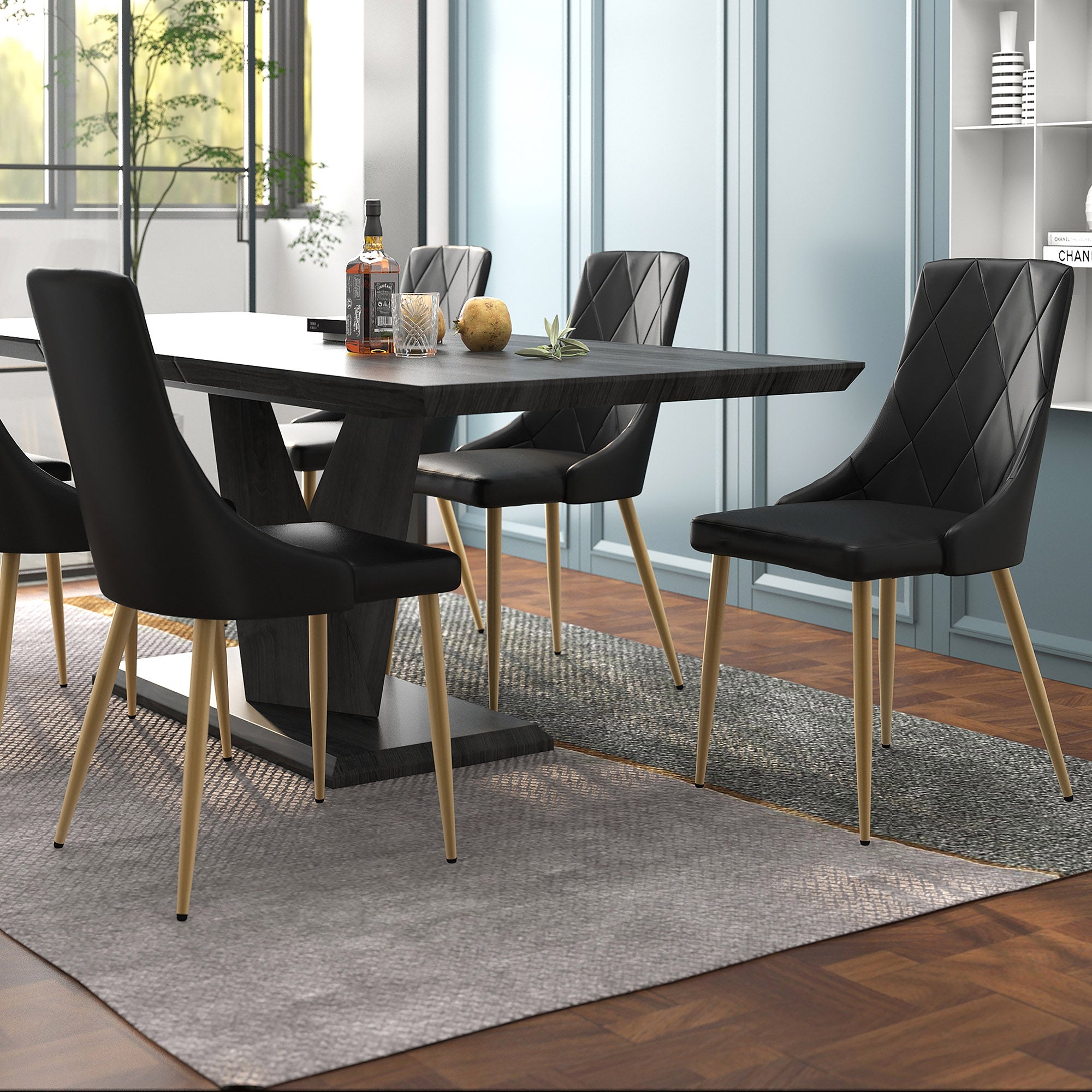 Antoine Side Chair - Black Faux Leather and Wood with Gold Legs-DECOROLALA