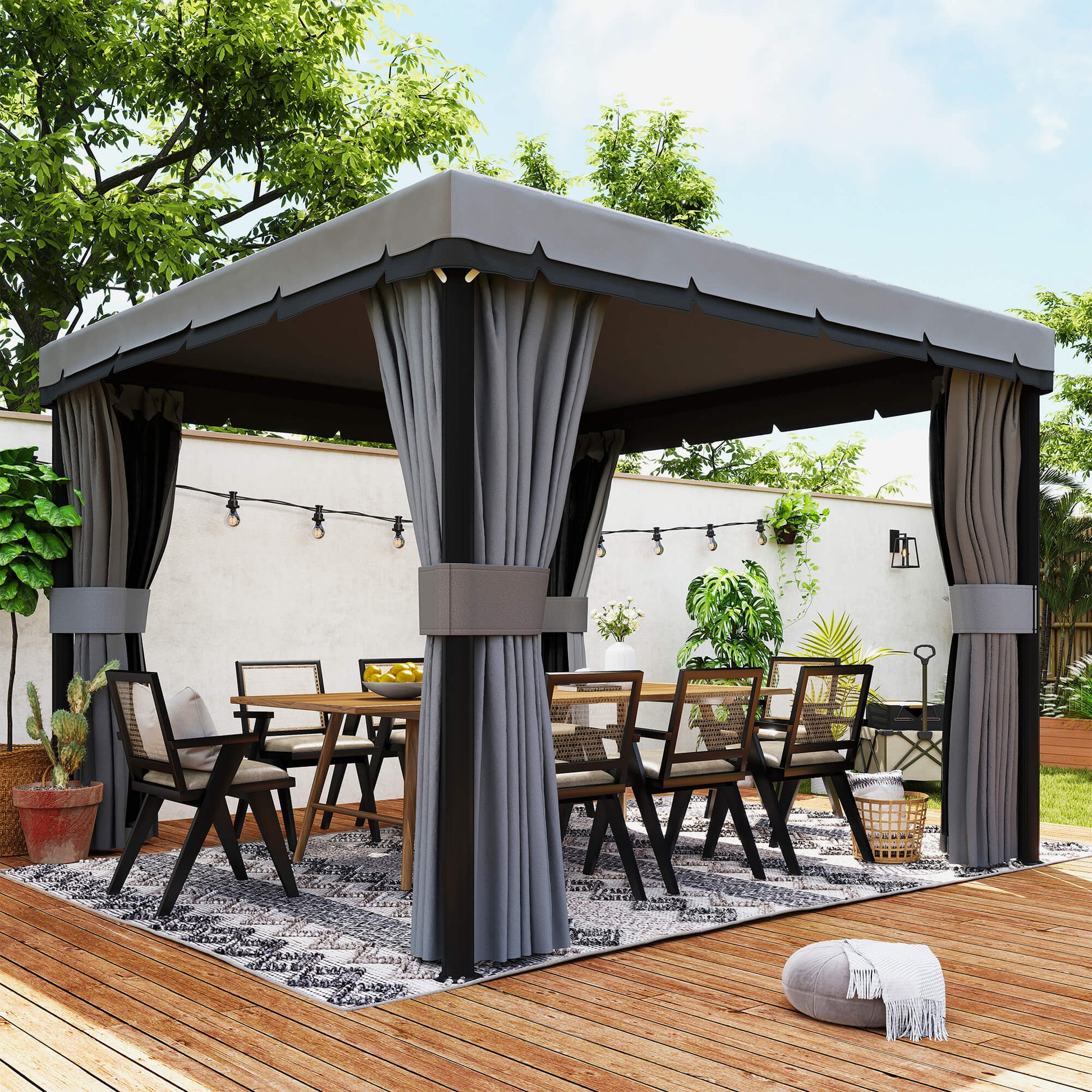 Aosom 10' x 10' 2-Tier Outdoor Gazebo with Mesh Sidewalls Light Grey-DECOROLALA