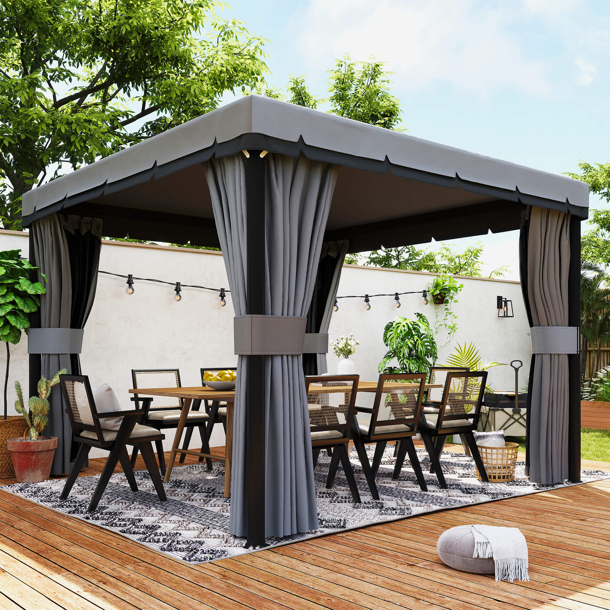 Aosom 10' x 10' 2-Tier Outdoor Gazebo with Mesh Sidewalls Light Grey-DECOROLALA