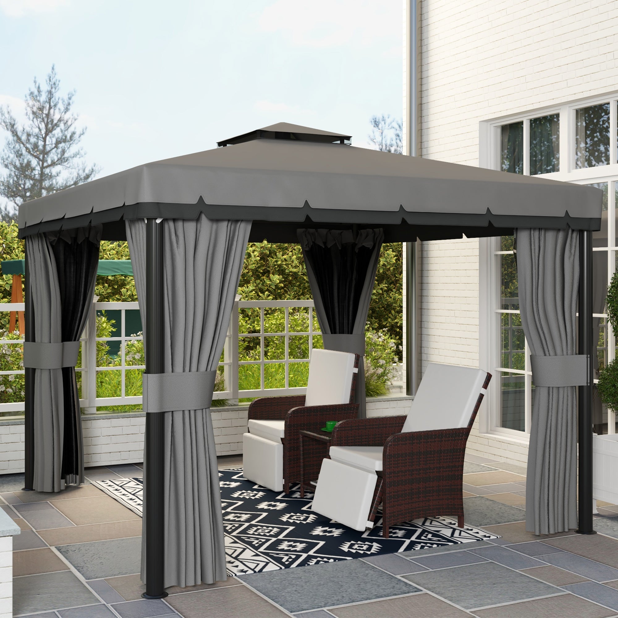 Aosom 10' x 10' 2-Tier Outdoor Gazebo with Mesh Sidewalls Light Grey-DECOROLALA
