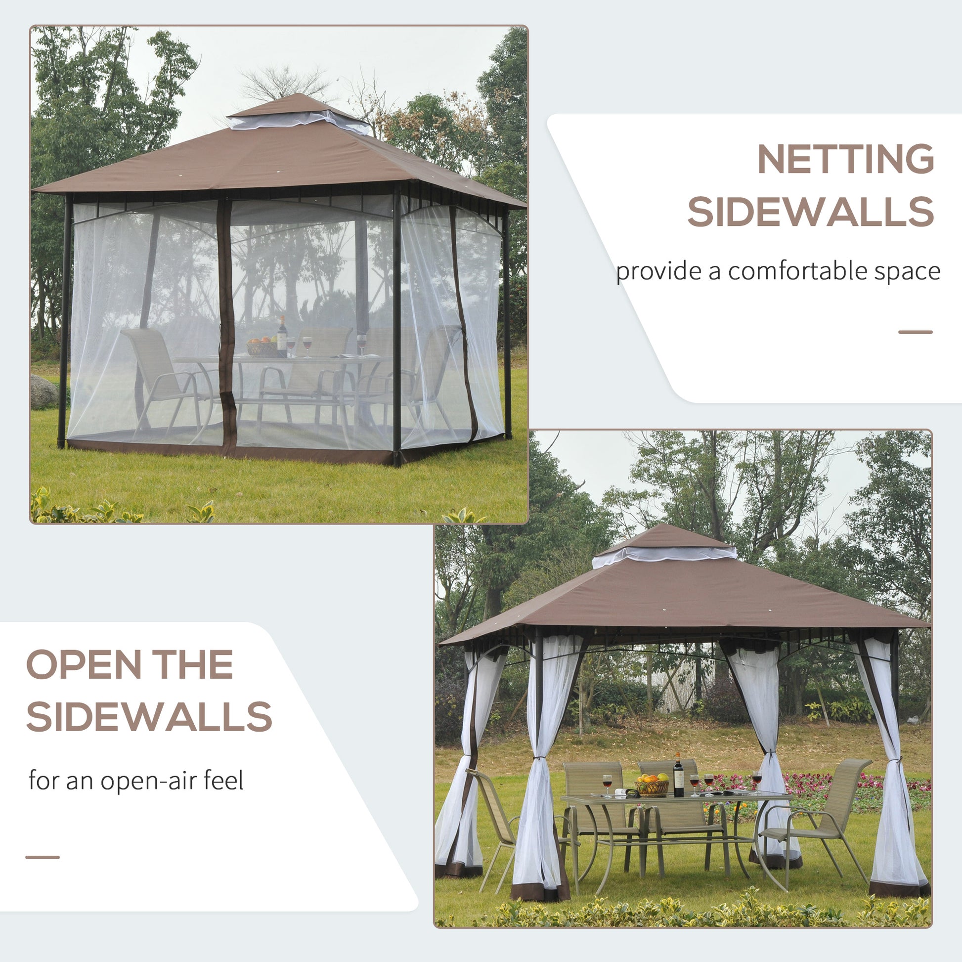 Aosom 10' x 10' Double Tier Gazebo - UV Sunshade Canopy Tent with Metal Frame, Coffee-DECOROLALA