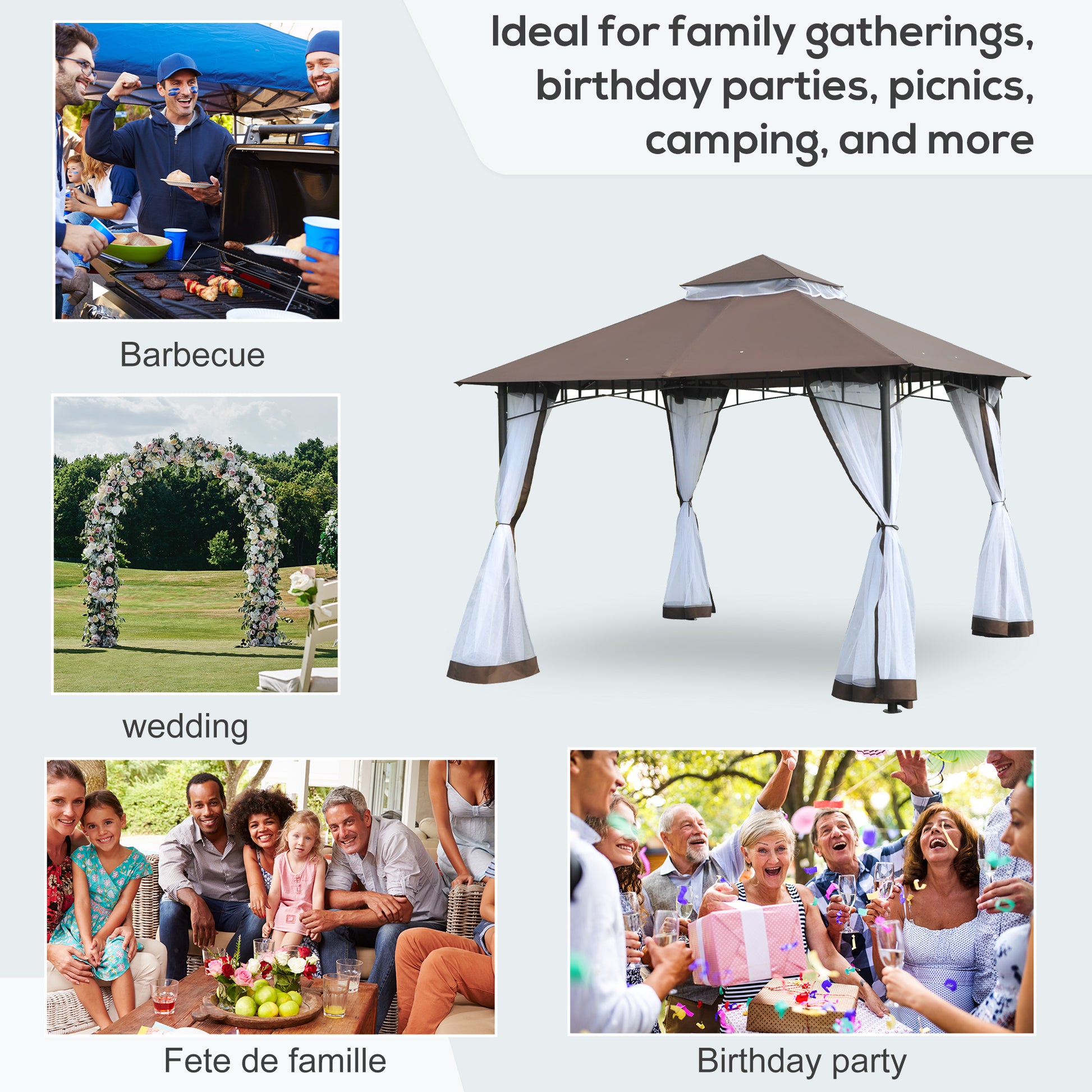 Aosom 10' x 10' Double Tier Gazebo - UV Sunshade Canopy Tent with Metal Frame, Coffee-DECOROLALA