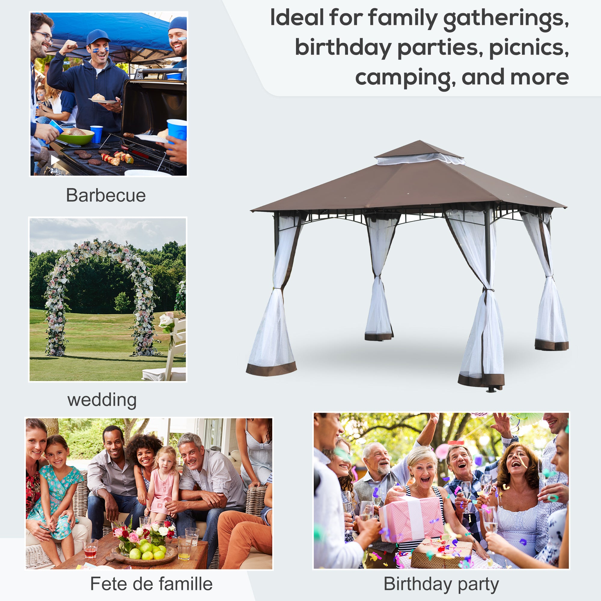 Aosom 10' x 10' Double Tier Gazebo - UV Sunshade Canopy Tent with Metal Frame, Coffee-DECOROLALA