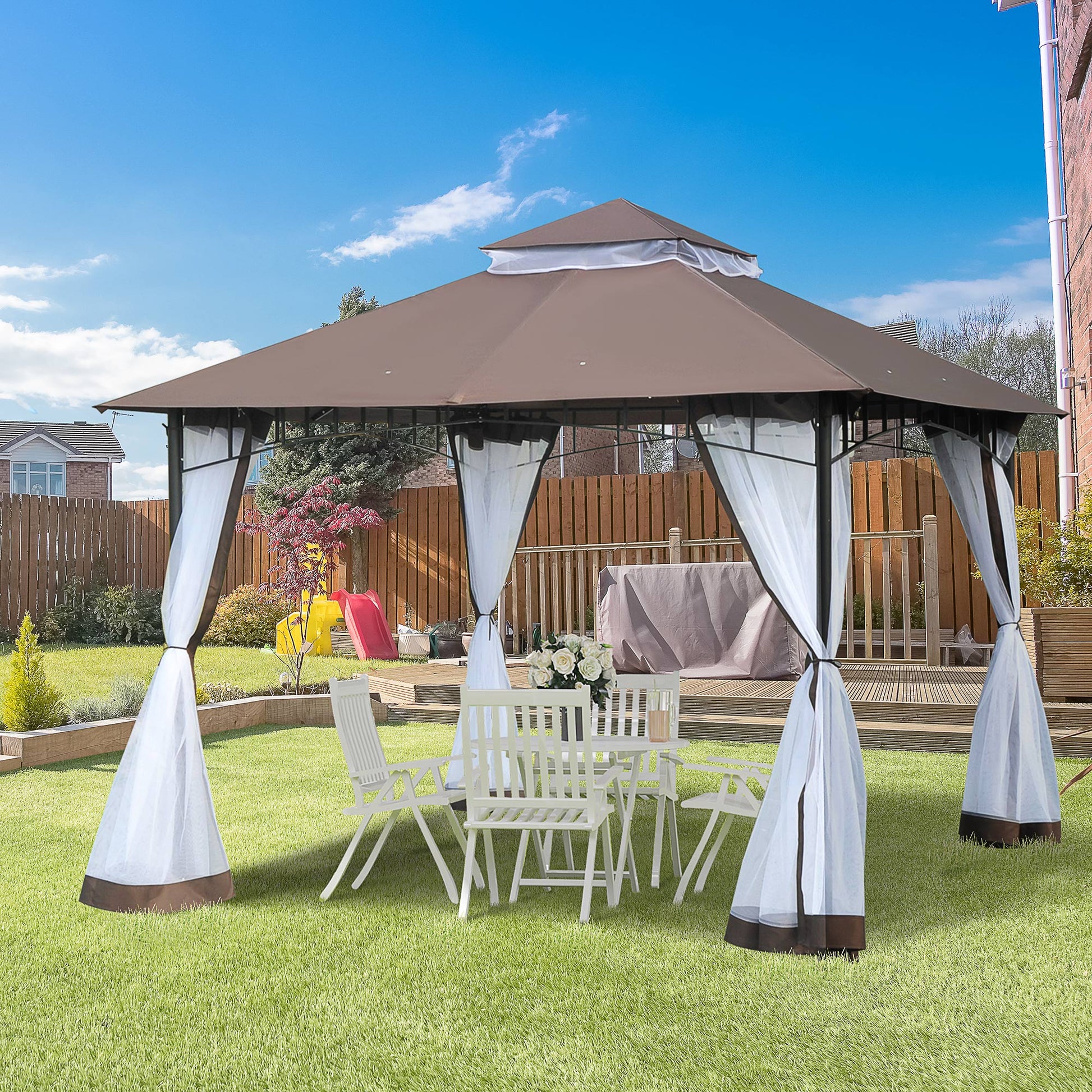Aosom 10' x 10' Double Tier Gazebo - UV Sunshade Canopy Tent with Metal Frame, Coffee-DECOROLALA