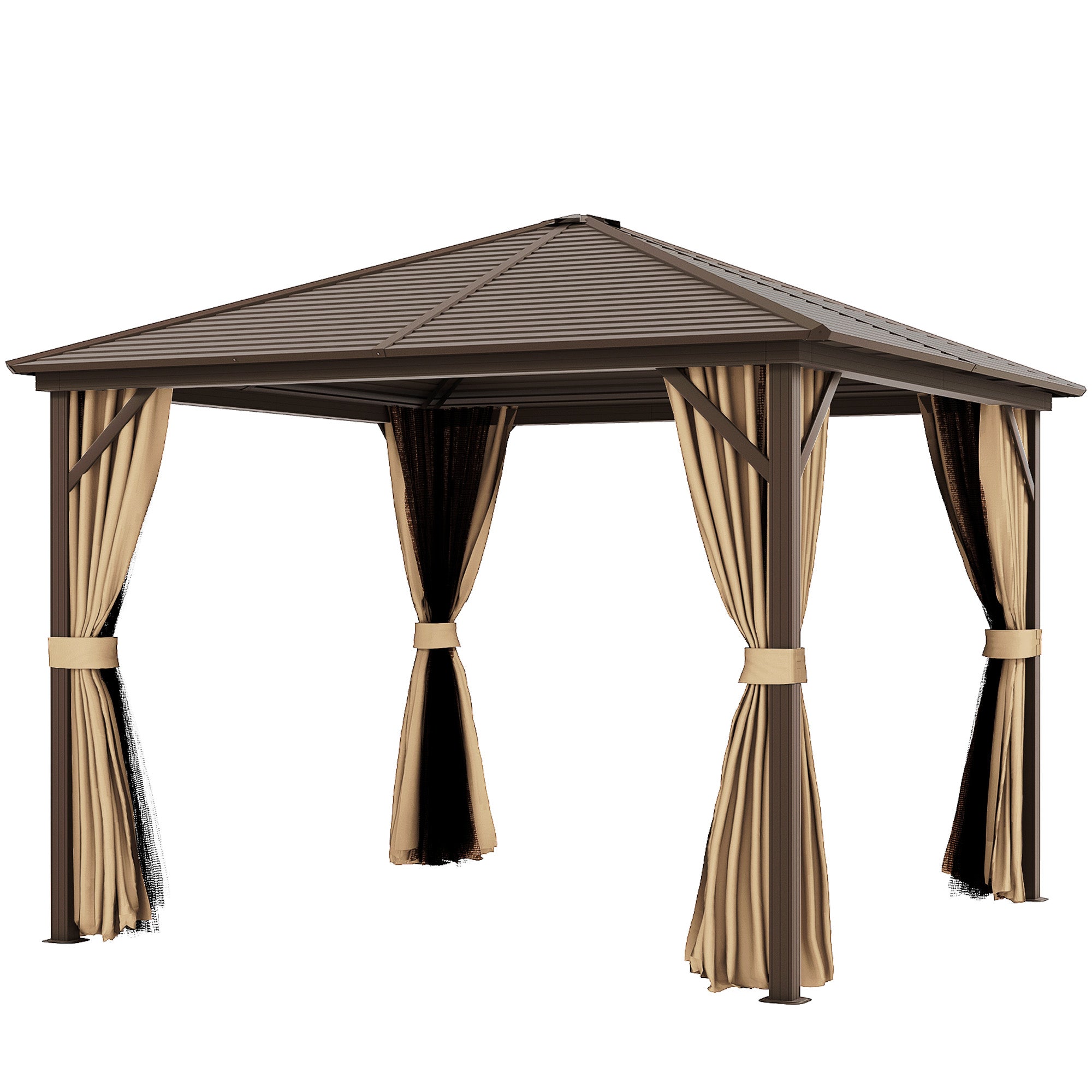 Aosom 10' x 10' Hardtop Gazebo - Aluminum Brown with Netting-DECOROLALA