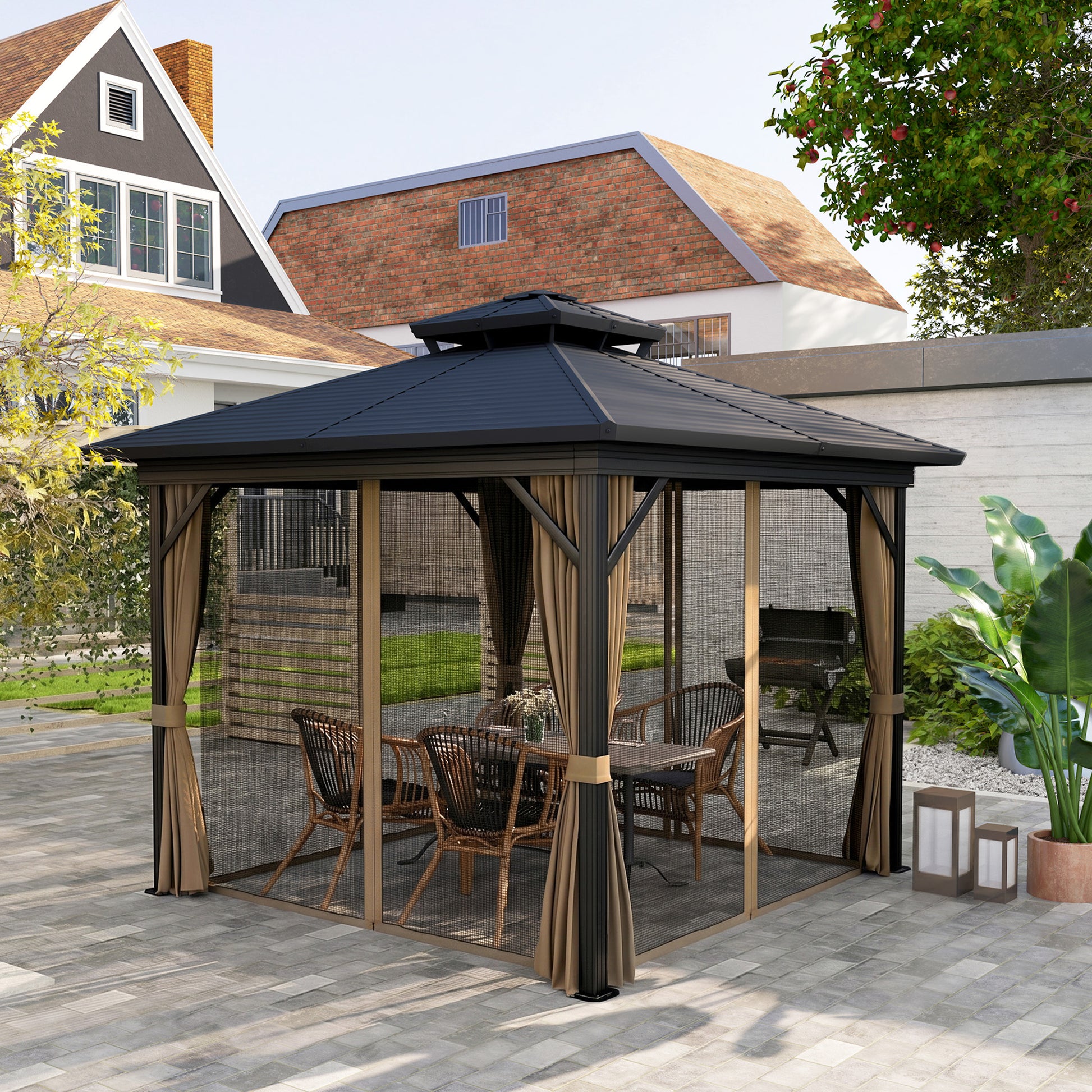 Aosom 10' x 10' Hardtop Gazebo - Dark Brown Double Tier-DECOROLALA