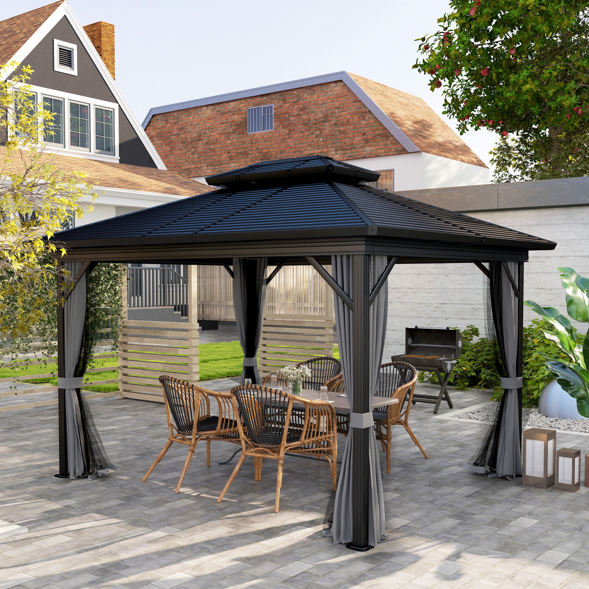 Aosom 10' x 10' Hardtop Gazebo - Dark Brown Double Tier-DECOROLALA