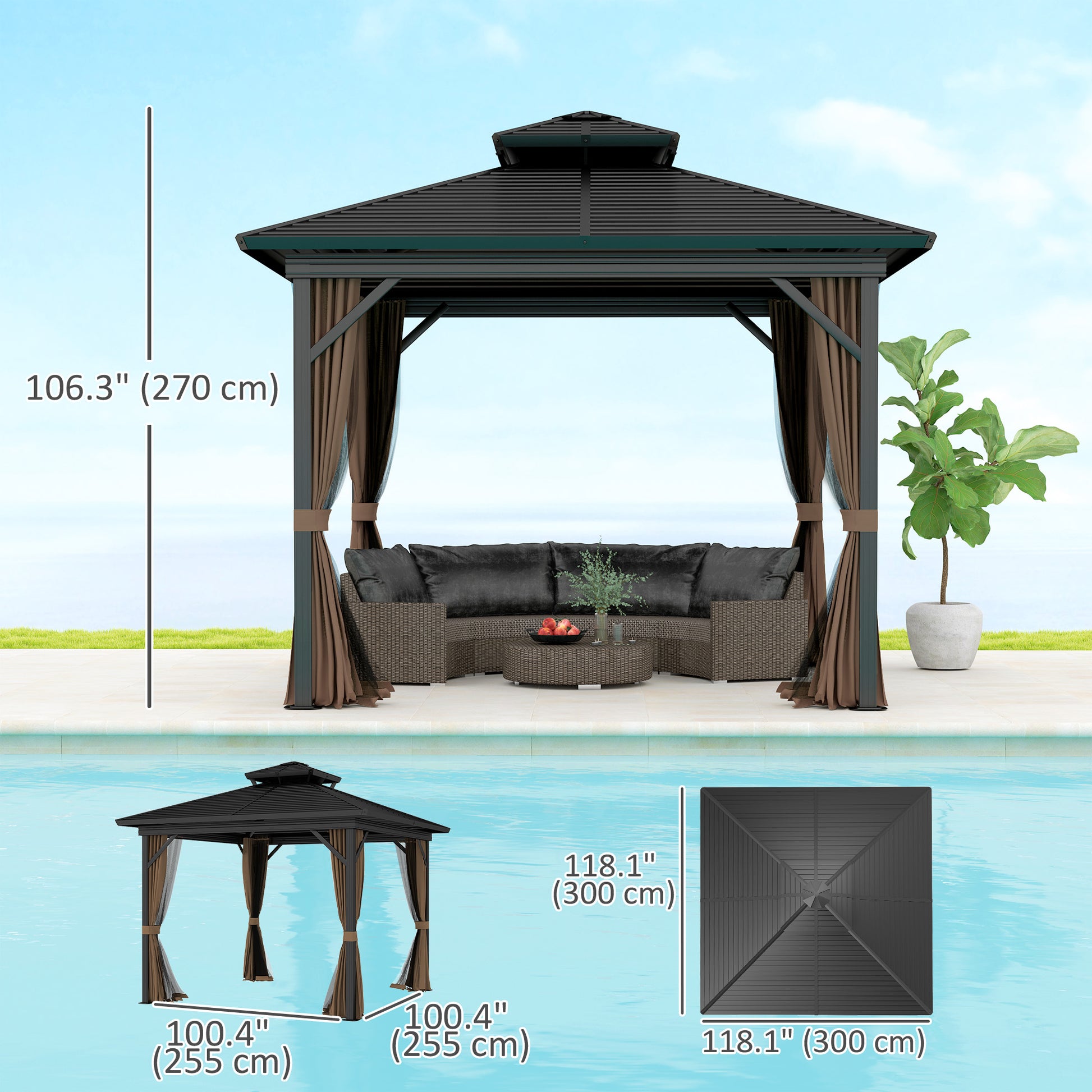 Aosom 10' x 10' Hardtop Gazebo - Dark Brown Double Tier-DECOROLALA